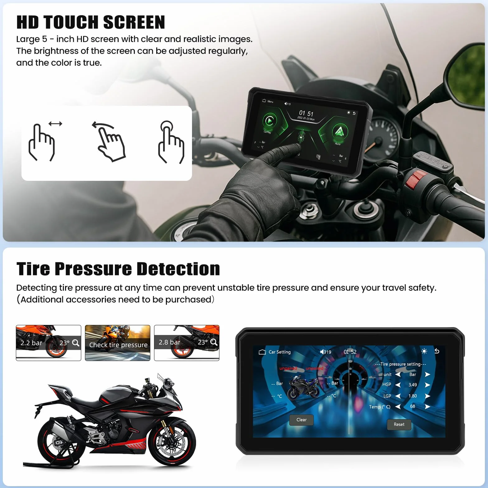 Schermo portatile Moto Carplay 6 pollici IP68 GPS Bluetooth Wireless CarPlay Android Auto TPMS
