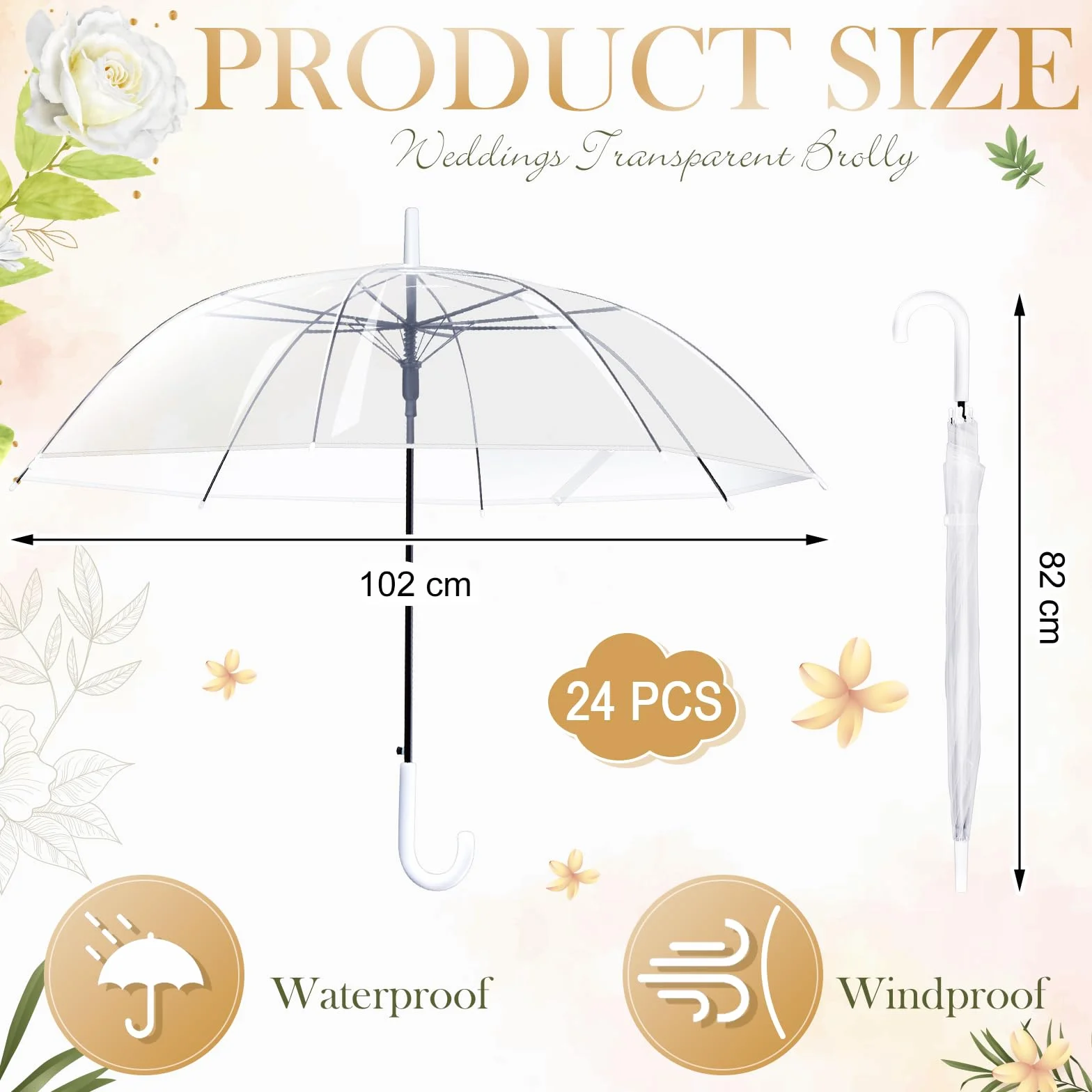 Hestya 24 Pezzi Ombrelli Trasparenti Bianchi per Nozze 102 cm Ombrello Semiautomatico Trasparente a Cupola con Manico Curvo Forniture per Matrimoni Donne Uomini Spose e Damigelle d'Onore