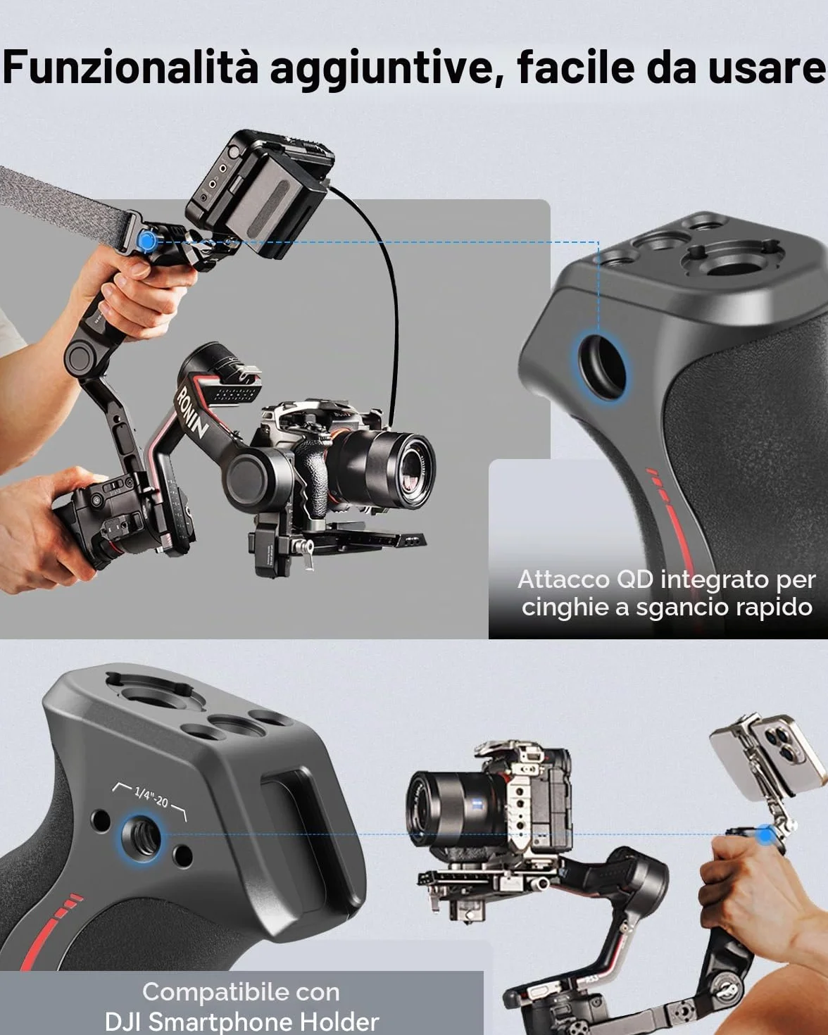 (Nuova Versione) SMALLRIG Impugnatura Regolabile per DJI RS 4 mini/Pro/RS 4, RS 3 mini/Pro/RS 3, RS 2 / RSC 2, Carico 8 kg / 17,6 LB, Impugnatura Ergonomica per Riprese ad Angolo Basso - 3028D