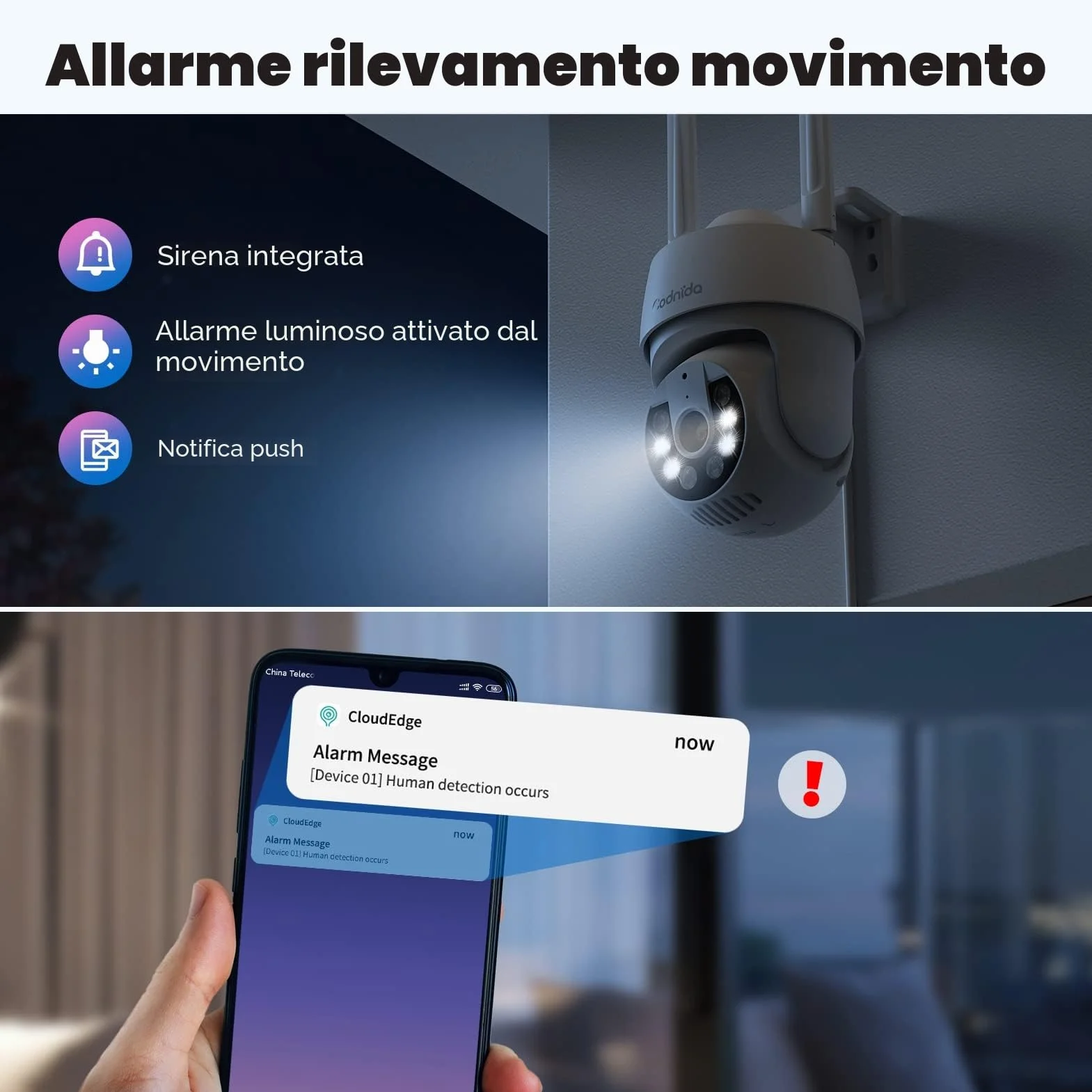 2K Telecamera Wi-Fi Esterno con vista a 360°, Codnida 3MP Videocamera Sorveglianza con fili PTZ Telecamera con Visione Notturna, Tracciamento Automatico del Movimento,Allarme Sonoro e Luminoso