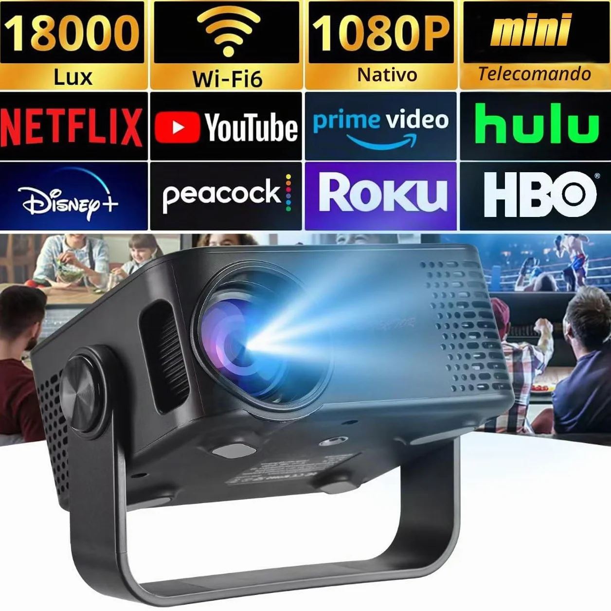 Mini Proiettore, 4K 1080P Proiettore Portatile con Zoom, Support WiFi Rotabile 360°, Video Projector TV Home Cinema per Cellulari Tablet/Laptop/PC/HDMI/USB(Nero)