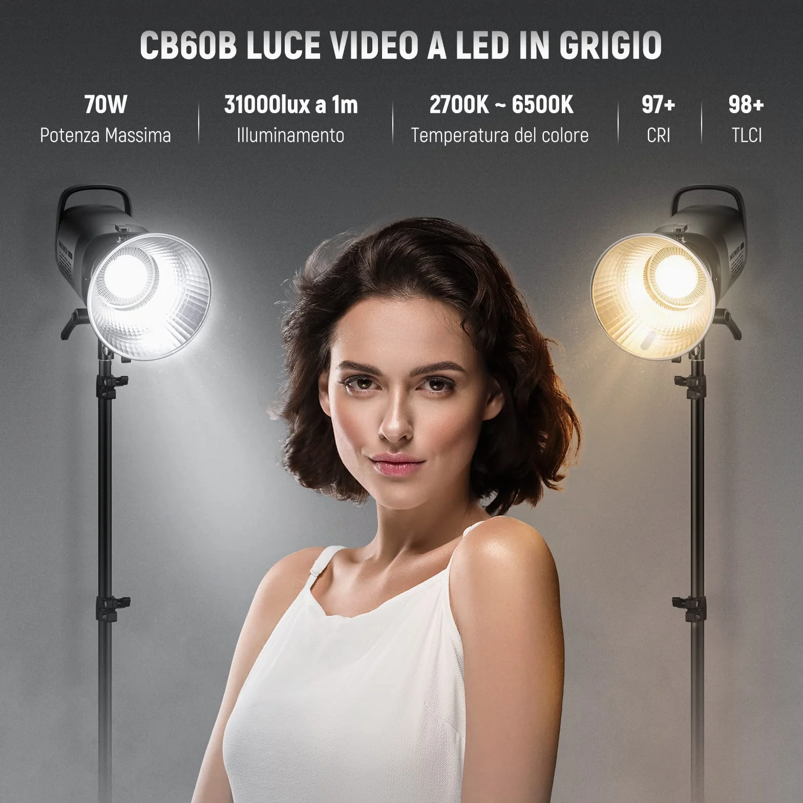 NEEWER CB60B 70W Luce Video LED con Controllo 2,4G/APP COB Bicolore Illuminazione Video Continua Attacco Bowens 2700K-6500K 34000Lux@1m/Modalità CCT/CRI97+/12 Scene per Studio Registrazione Fotografia