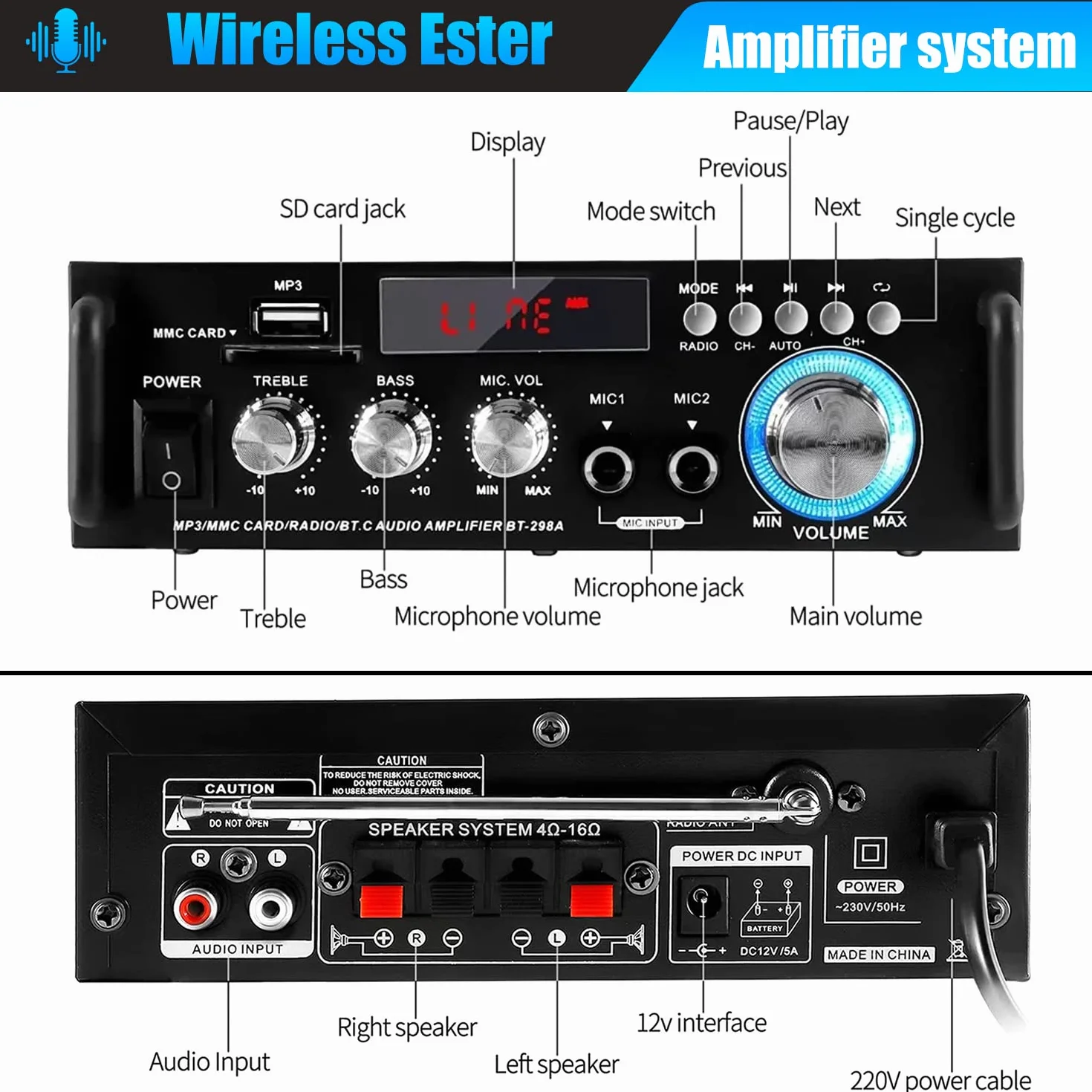 Amplificatore Audio HiFi 600W Stereo Bluetooth 5.0 12V 220V 2 Canali Display LCD Radio FM Portatile