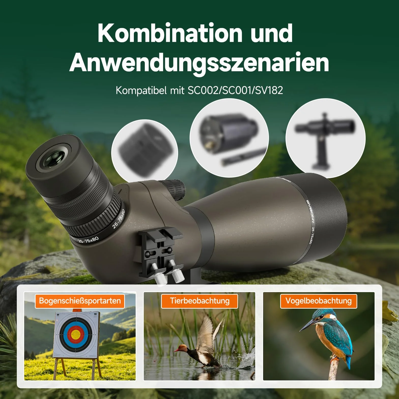 Svbony SV29 25-75x80mm Cannocchiale con attacco a coda di rondine e Treppiede, ampio campo visivo, prisma di Porro FMC, con adattatore per smartphone per tiro al bersaglio, birdwatching e osservazione