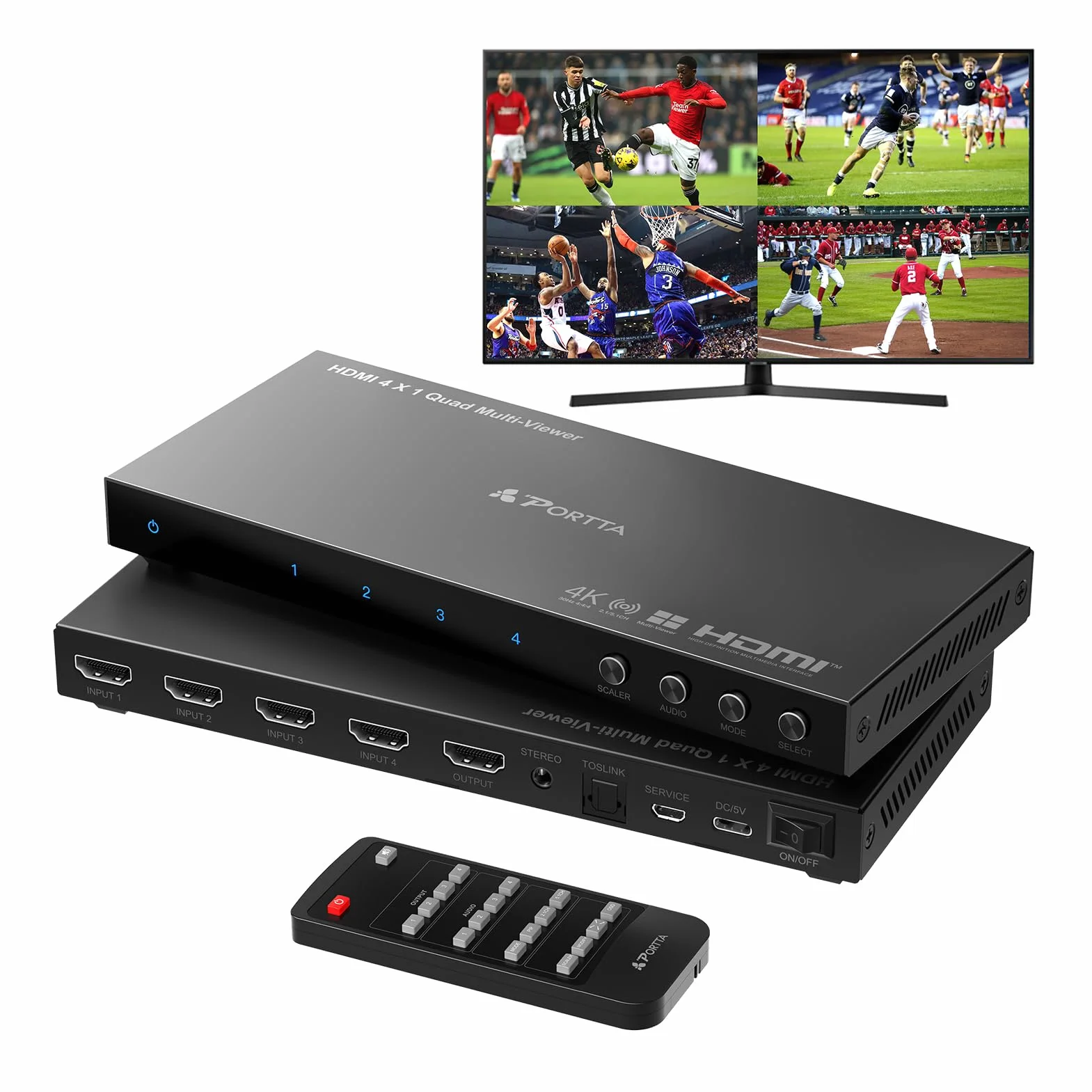 4K HDMI Multiviewer Switch 4x1 con PIP, Porta Quad Multi Viewer Switcher 4 in 1 Out con TosLink, supporto audio da 3,5 mm Supporto 4K 30Hz, 6 modalità di visualizzazione, downscaler
