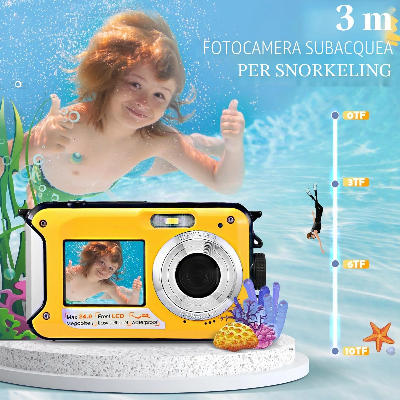 Fotocamera Digitale Impermeabile,Couleeur Macchina Fotografica Subacquea Full HD 2.7K 48MP Doppio Schermo Anti-Shake con Microfono LED Autoscatto e Zoom Digitale 16X per Bambini Adolescenti(giallo)