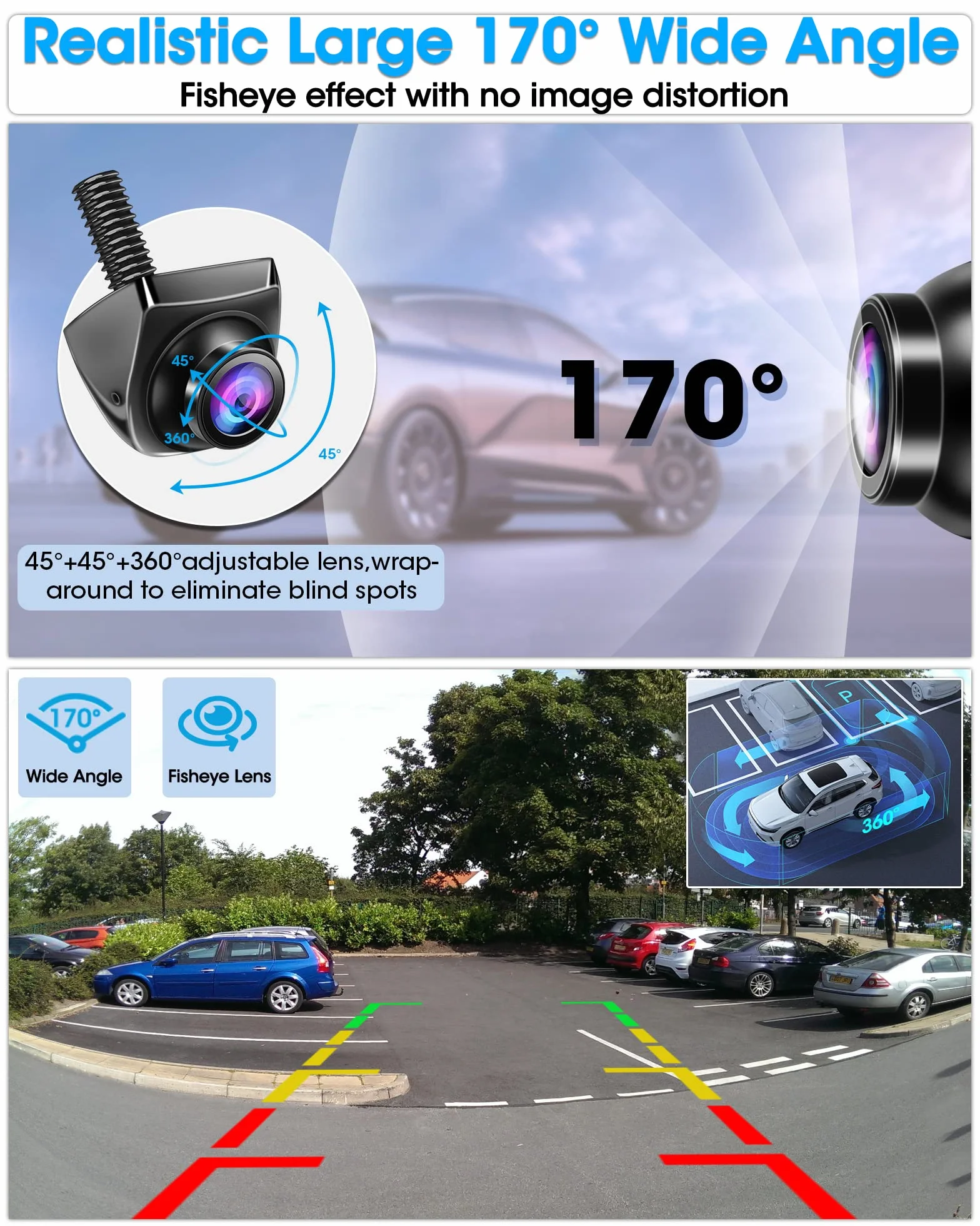 Retrocamera AHD 1080P Telecamera Retromarcia con Rotante 360°+45° Lente Retrocamera Auto 170° Grandangolo Universale NTSC Telecamera Posteriore Auto IP69 Impermeabile Telecamera per Auto [25fps]