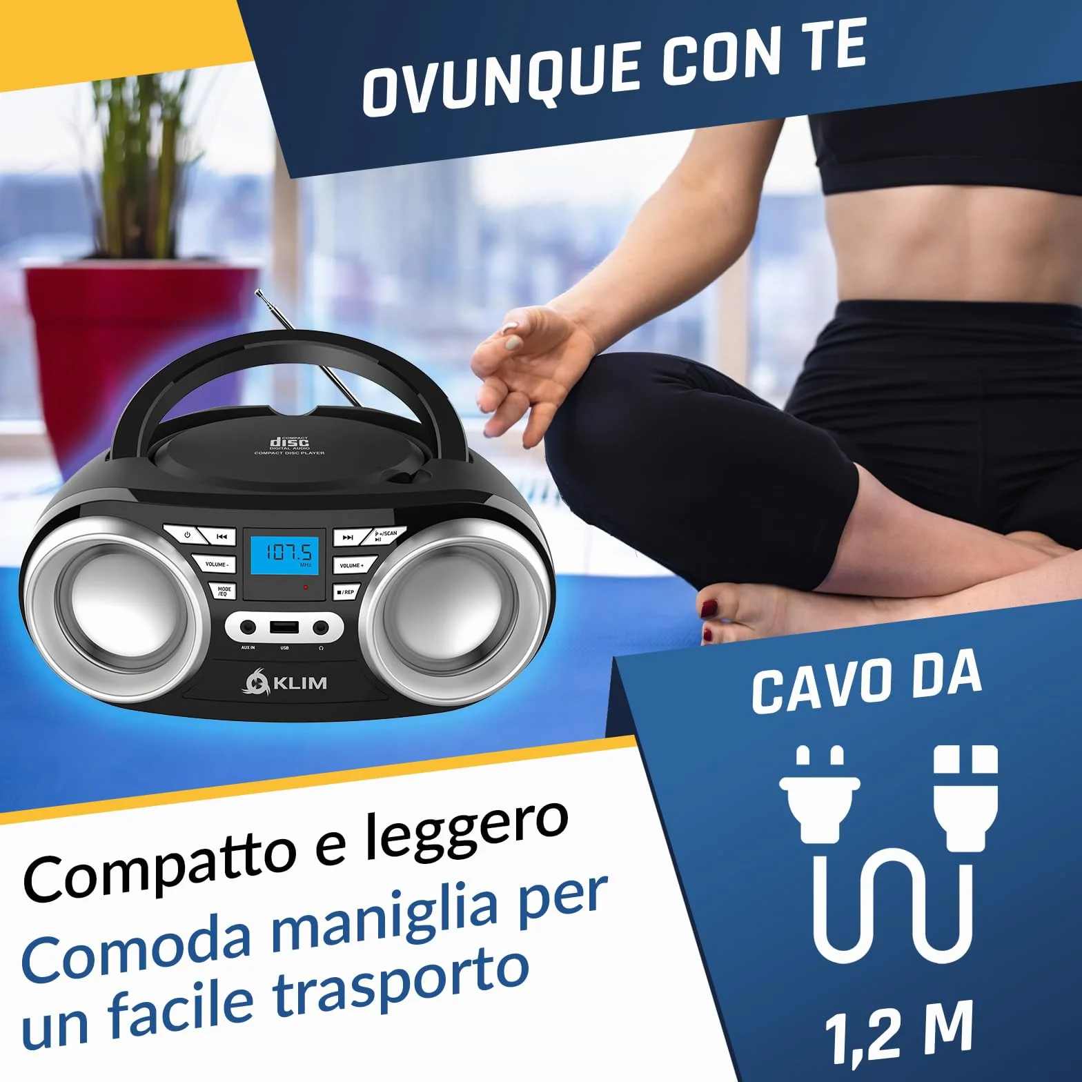 KLIM B3 Lettore CD Portatile Boombox Con Radio FM, Bluetooth, USB e AUX - Doppi Altoparlanti di Alta Qualità, Effetti Sonori EQ, 20 Stazioni Preimpostate, Compatto e Leggero