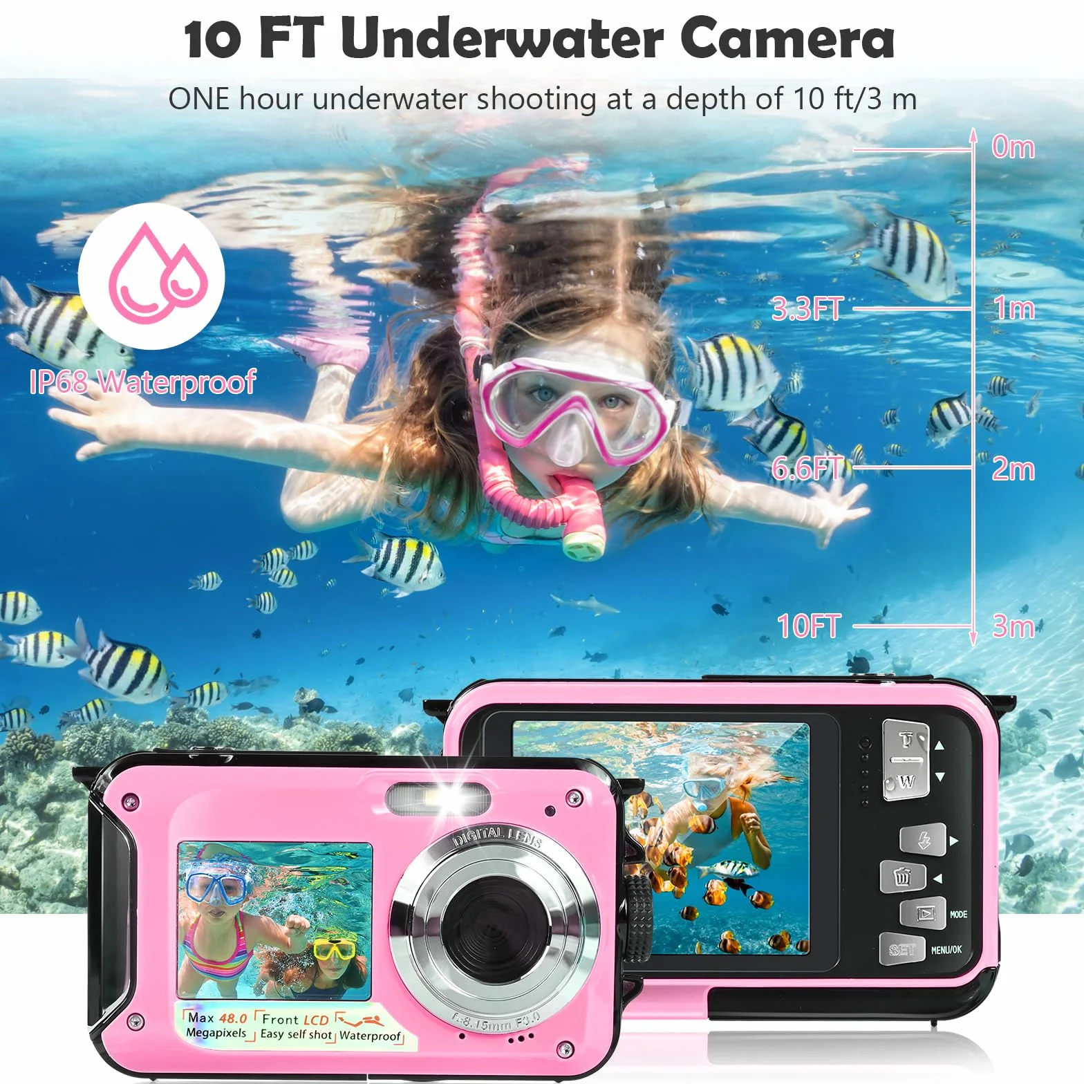 Macchina Fotografica Subcquea, Comius Sharp Fotocamera Subacquea Digitale 10FT FHD Video 30MP Photo 16X Digital Zoom con Scheda di Memoria da 32G per Selfie Subacquei, Nuoto, Immersione