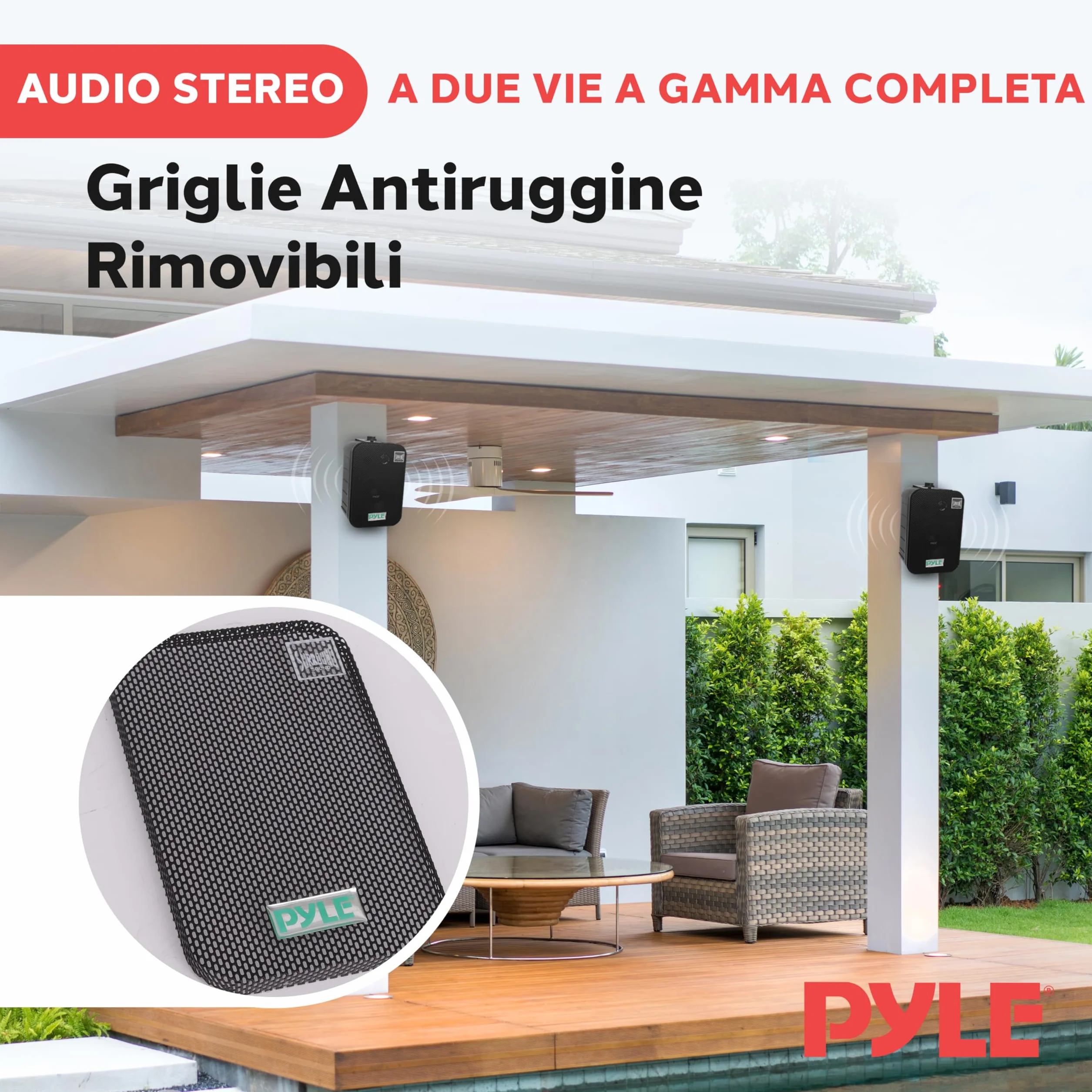 Pyle Sistema Altoparlanti Esterni con Cassa Audio Cablata, Coppia, Speaker Grado Marino 2 Vie 300 Watt Max, Woofer 8.9 Centimetri e Tweeter 2.5 Centimetri, Montaggio Universale per Parete o Soffitto