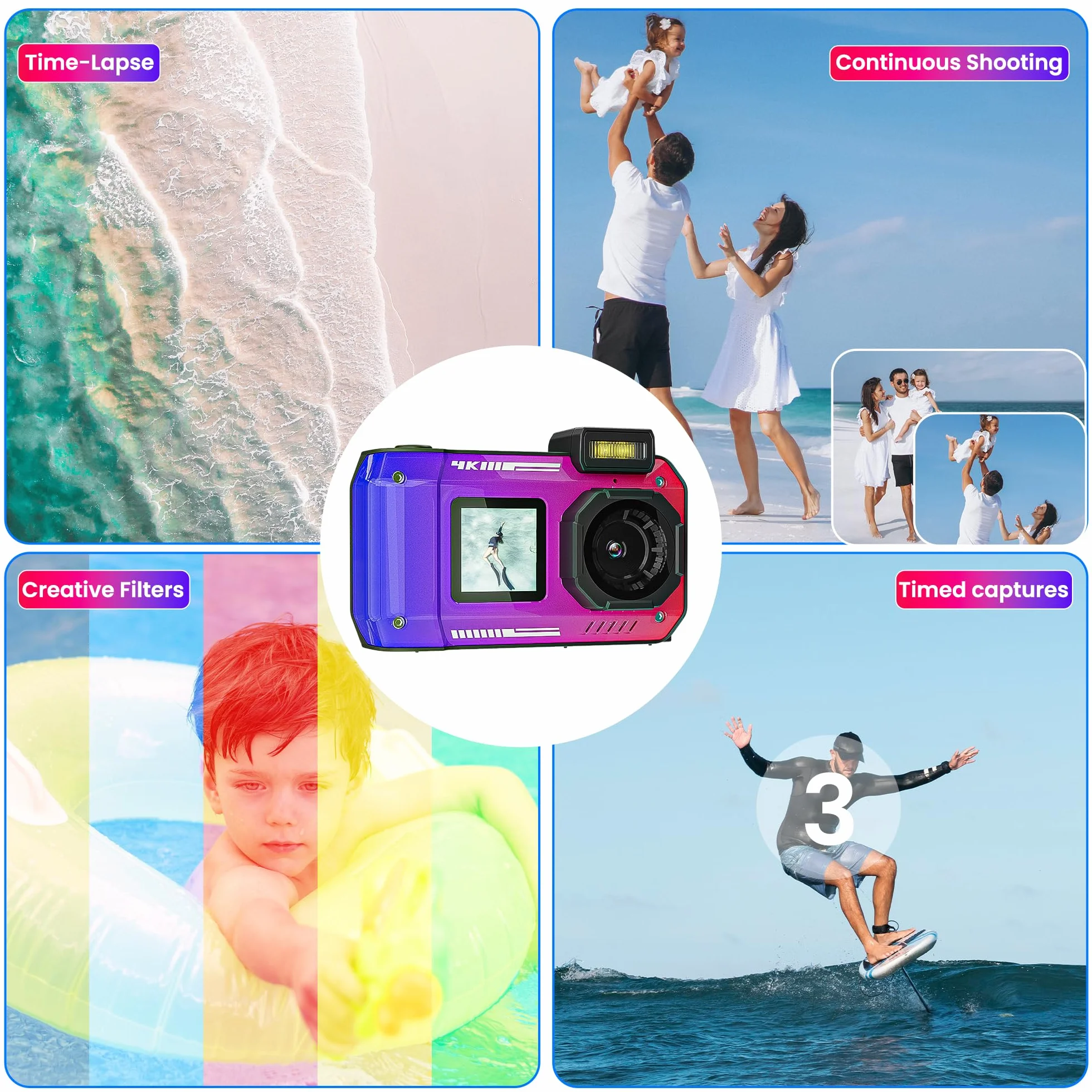 Fotocamera digitale 4K 33FT con scheda 64G, fotocamera subacquea da 48 MP, impermeabile, robusta, antipolvere, antiurto, per snorkeling, immersioni, selfie, doppio schermo, punto e fotocamera digitale