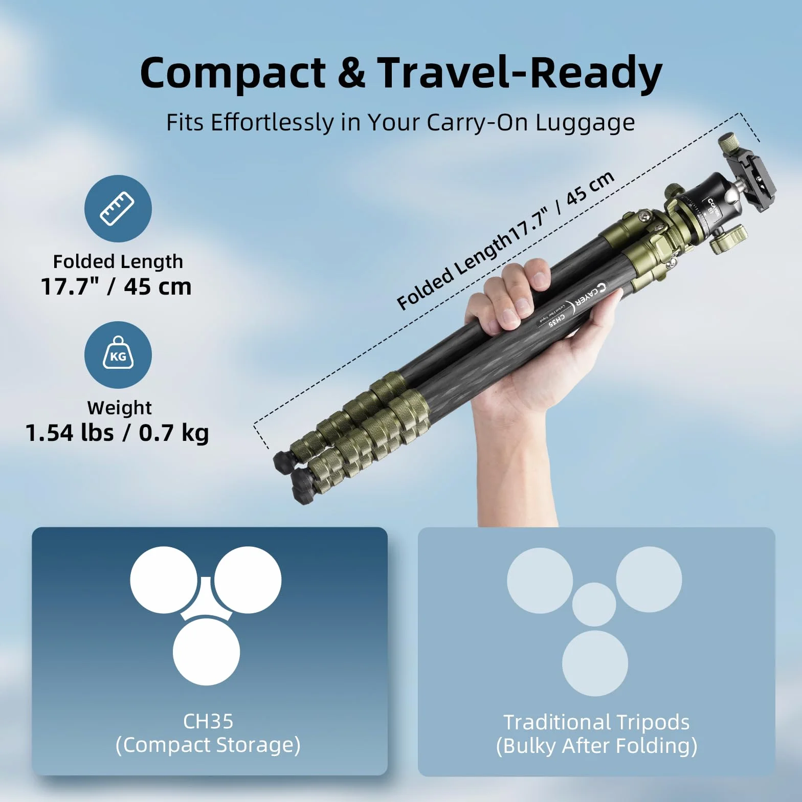 Cayer CH35 Treppiede da Viaggio con Testa Sferica, Treppiede Compatto in Fibra di Carbonio, Altezza 136 cm, Carico Max 8 kg (17.6 lbs) per Fotocamere Mirrorless, Videocamere, Smartphone e Webcam