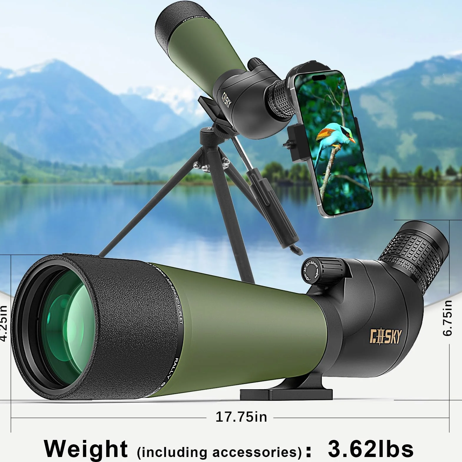 Gosky Cannocchiale da 20 – 60 x 80 cm, con treppiede, borsa per il trasporto e adattatore per smartphone, telescopio angolato BAK4, impermeabile per tiro, caccia, bird watching, paesaggi della fauna