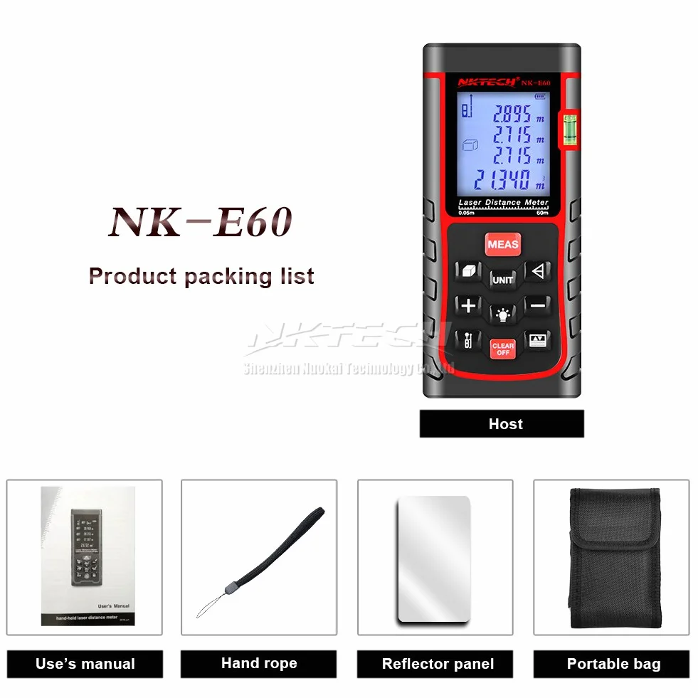 Laser Distance Meter Telemetro Laser 40 m 60 80 100 120 150 m Range Finder Strumenti m/in/ft Lunghezza nastro Area Volume Angolo di Misura 100 Data Air Bubble Level (NK-E60 120 ft)