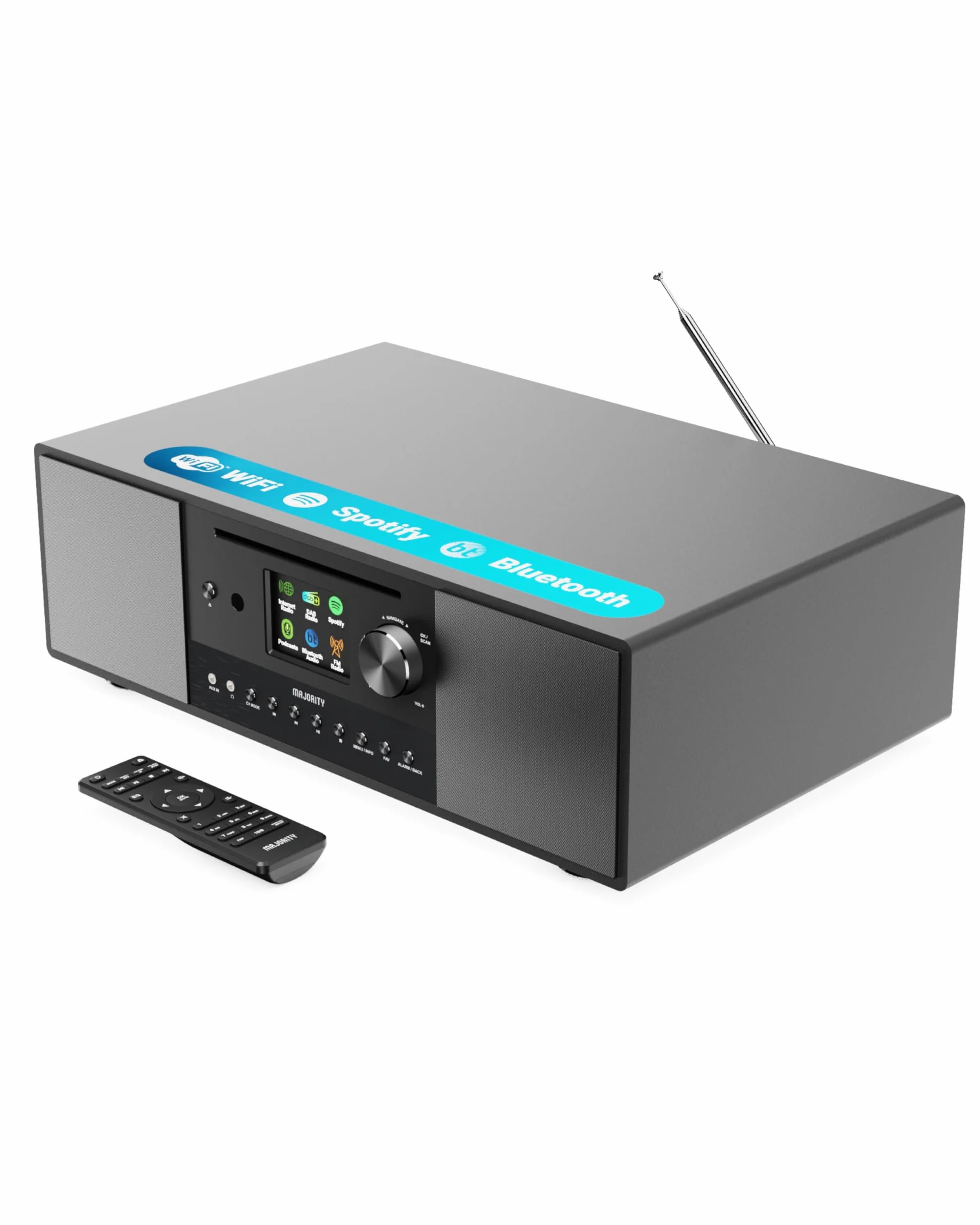 Majority Quadriga Internet Radio Lettore CD Hi Fi DAB+ Impianto Stereo Casa 120W 2.1 Bluetooth Wifi Spotify Connect