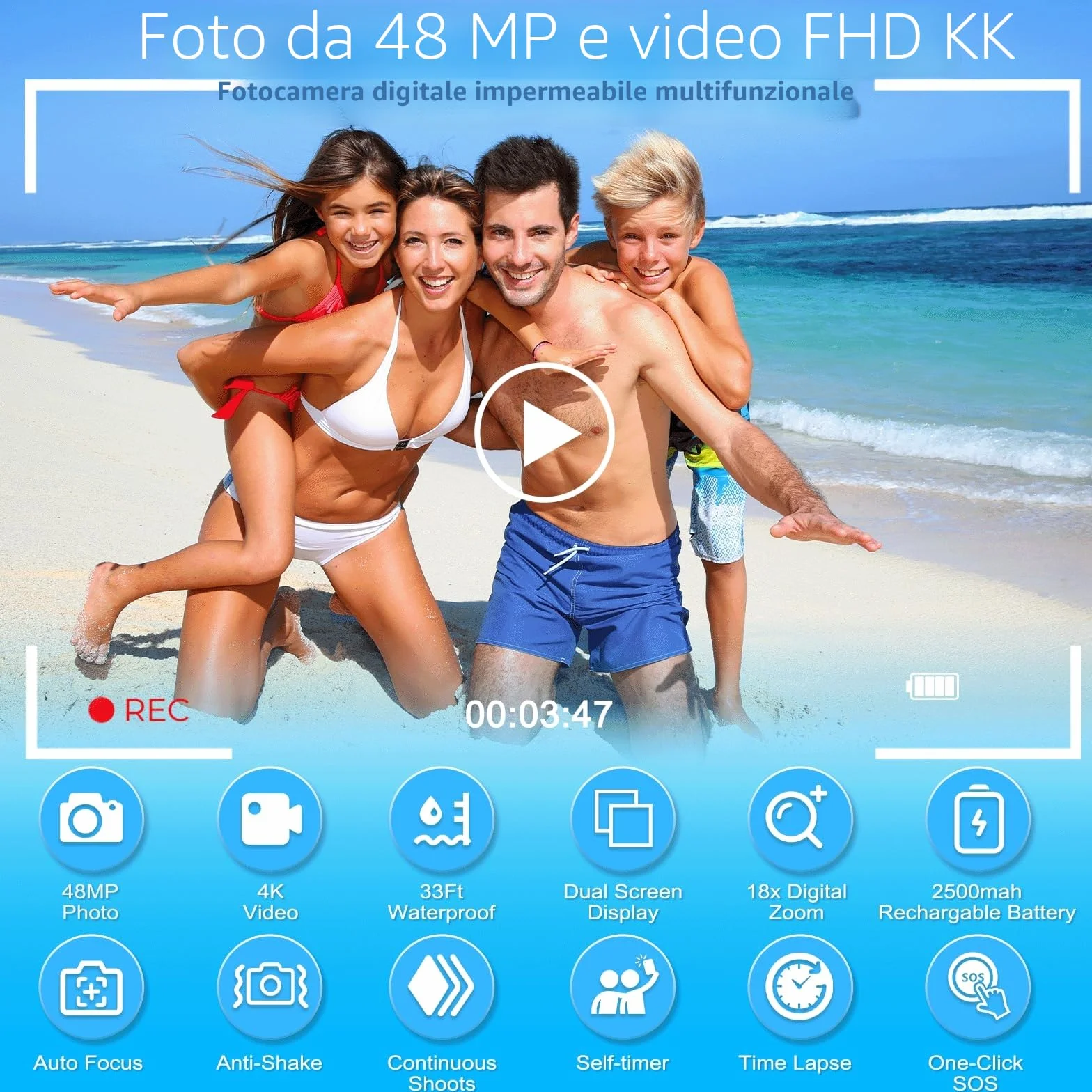 Fotocamera subacquea 4K 48MP impermeabile 32GB doppio schermo robusta antipolvere antiurto autofocus per selfie snorkeling immersioni sport viaggi (arancione)