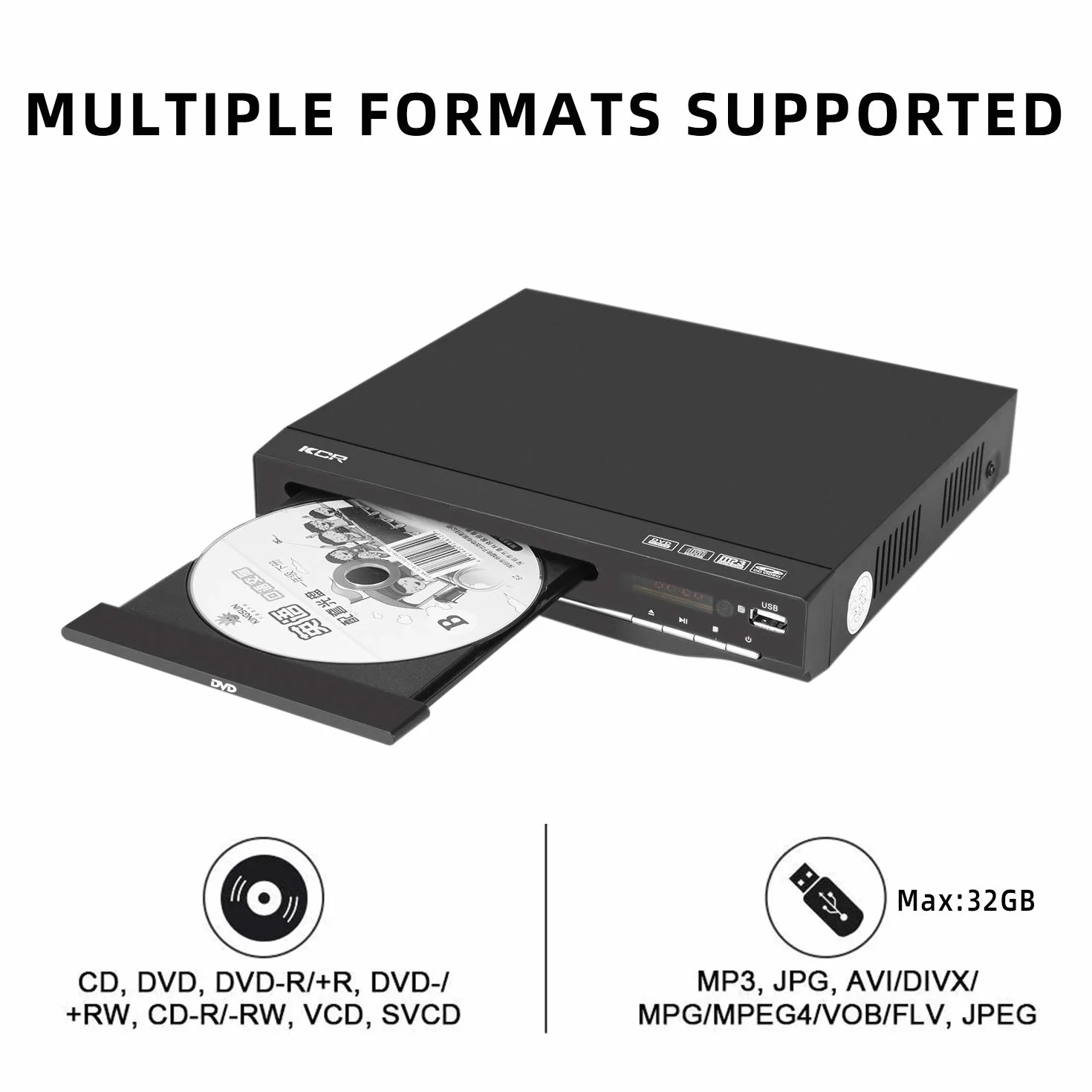 KCR Lettore DVD Per Tv, compatibile con lettore CD/DVD / MP3 con telecomando, porta USB Supporto Uscita HDMI (disco blueray non supportato) Nero (225)