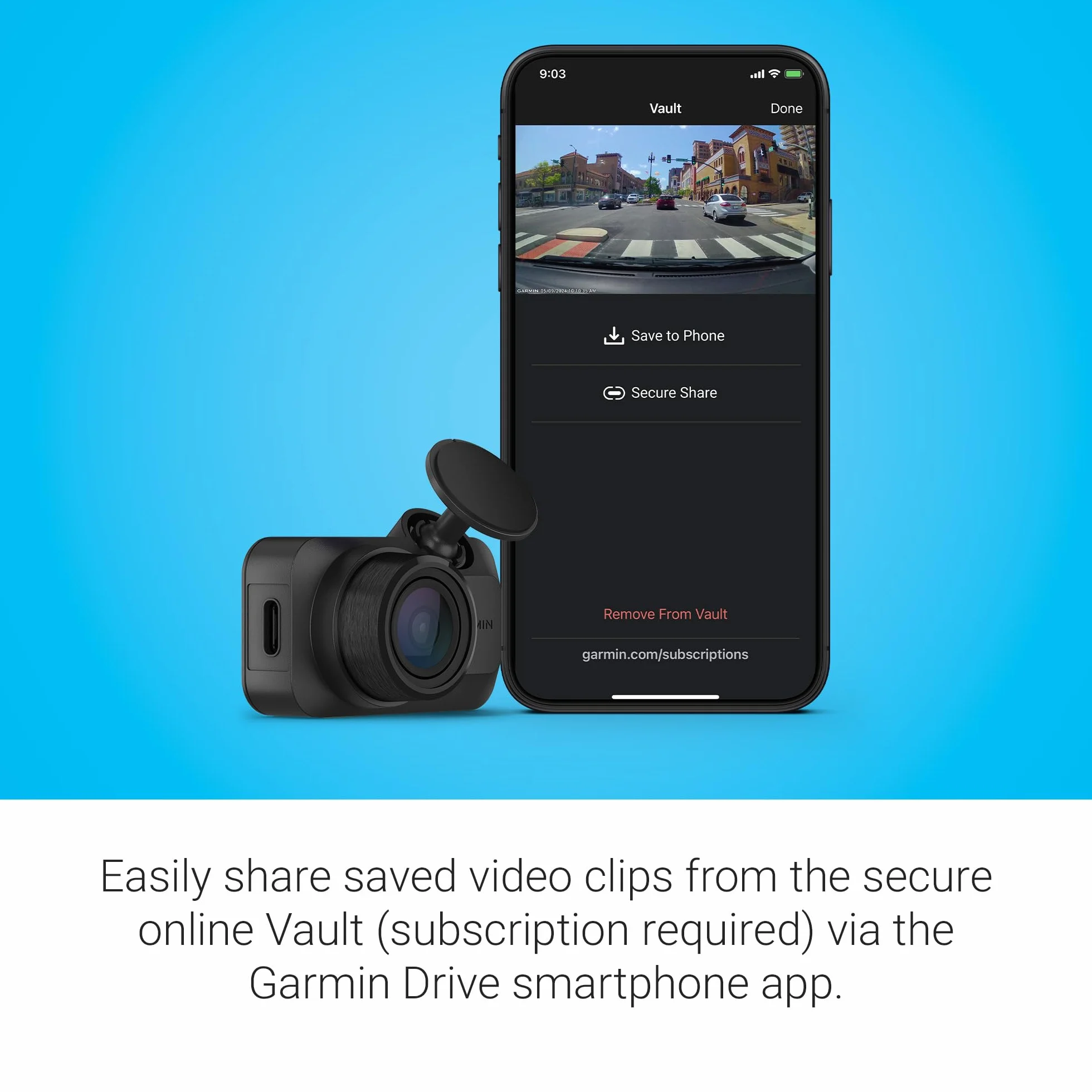 Garmin Dash Cam Mini 3, 1080p @ 140°, 30 fps, Videocamera Auto, Compatta, Riprende a ciclo continuo, Garmin Clarity HDR, Sensore incidenti, Sorveglianza veicolo, Salvataggi in cloud