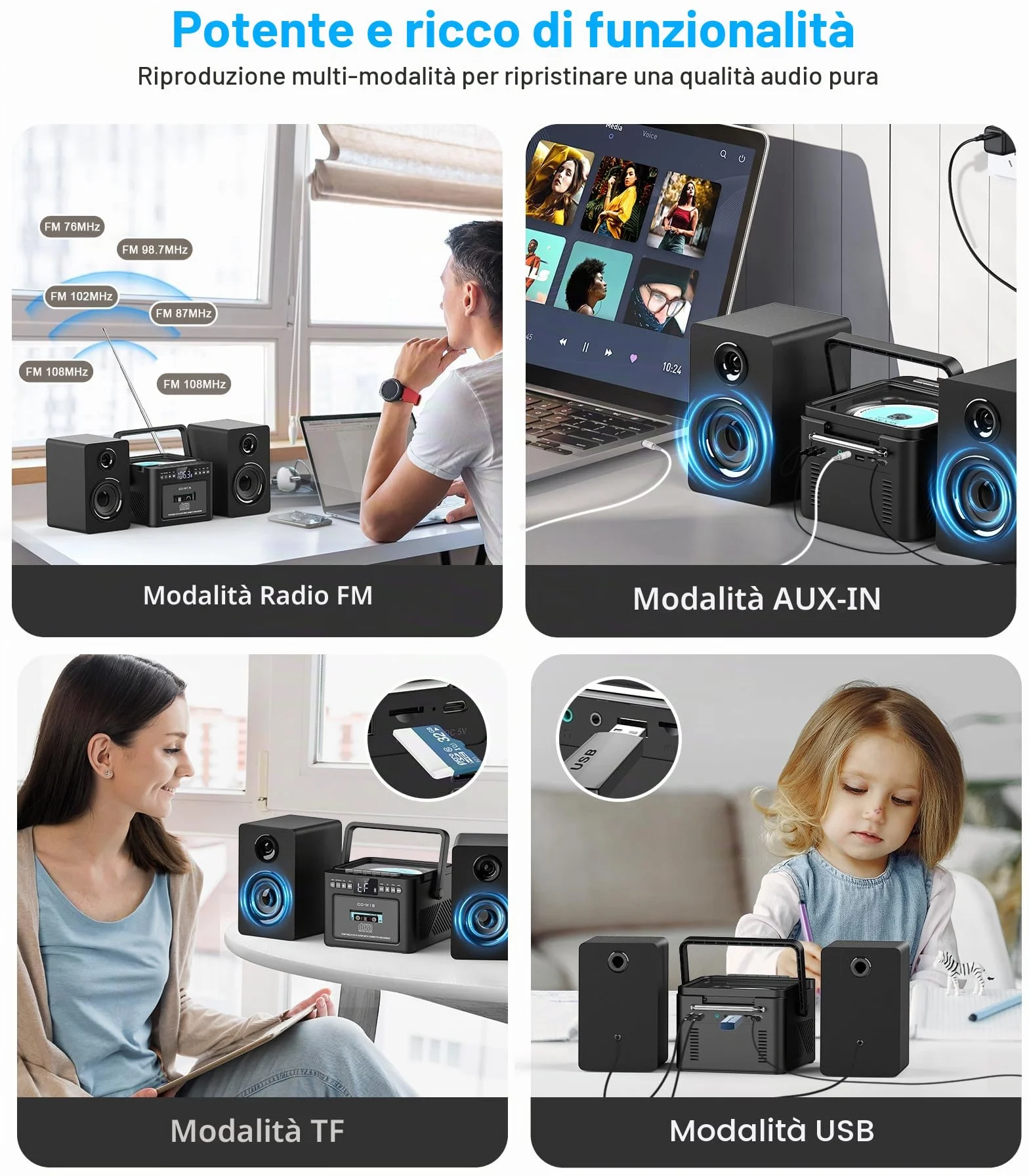 Greadio Impianto stereo per la casa con Boombox CD e lettore di cassette Combo, sistema stereo domestico da 40 W con Bluetooth, radio FM/USB/TF/AUX/telecomando, altoparlanti da scaffale in legno