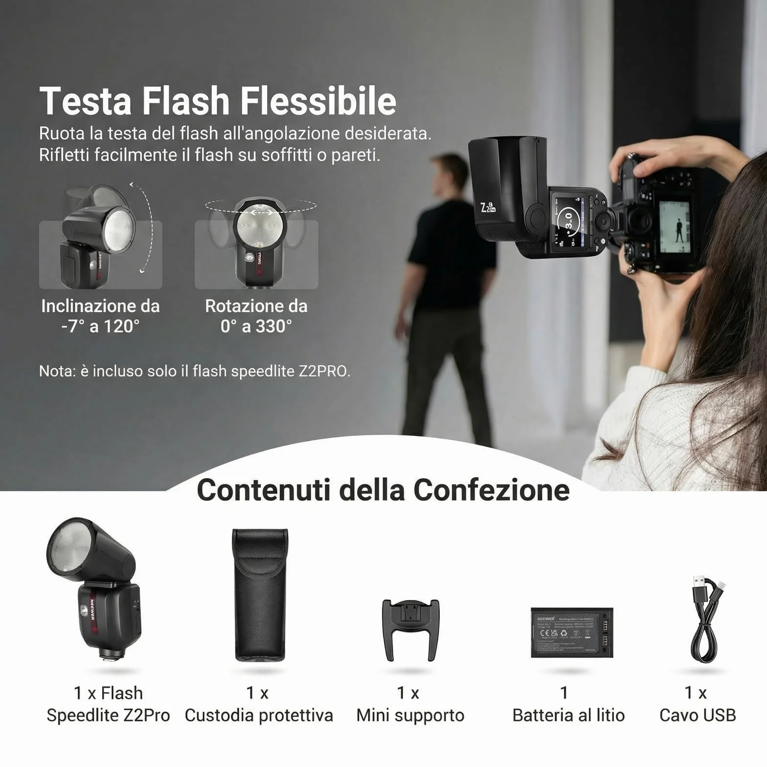 NEEWER Z2PRO-C Flash Speedlite 2.4G TTL 76Ws 1/8000s HSS Testa Rotonda Compatibile Canon