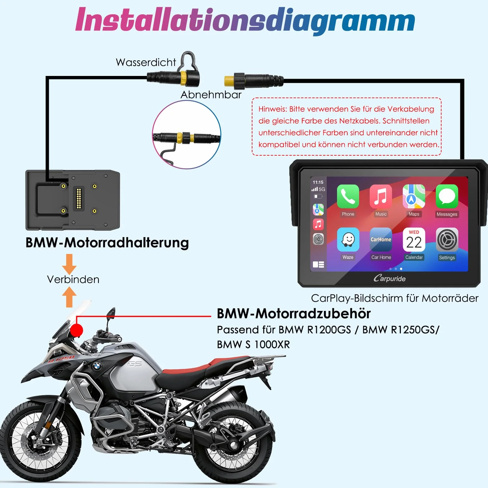 Carpuride W502B Schermo Carplay per BMW Moto R1200GS R1250GS S1000XR, Touchscreen Impermeabile da 5 pollici, Navigazione GPS Portatile Carplay/Android Auto per Moto, Doppio Bluetooth