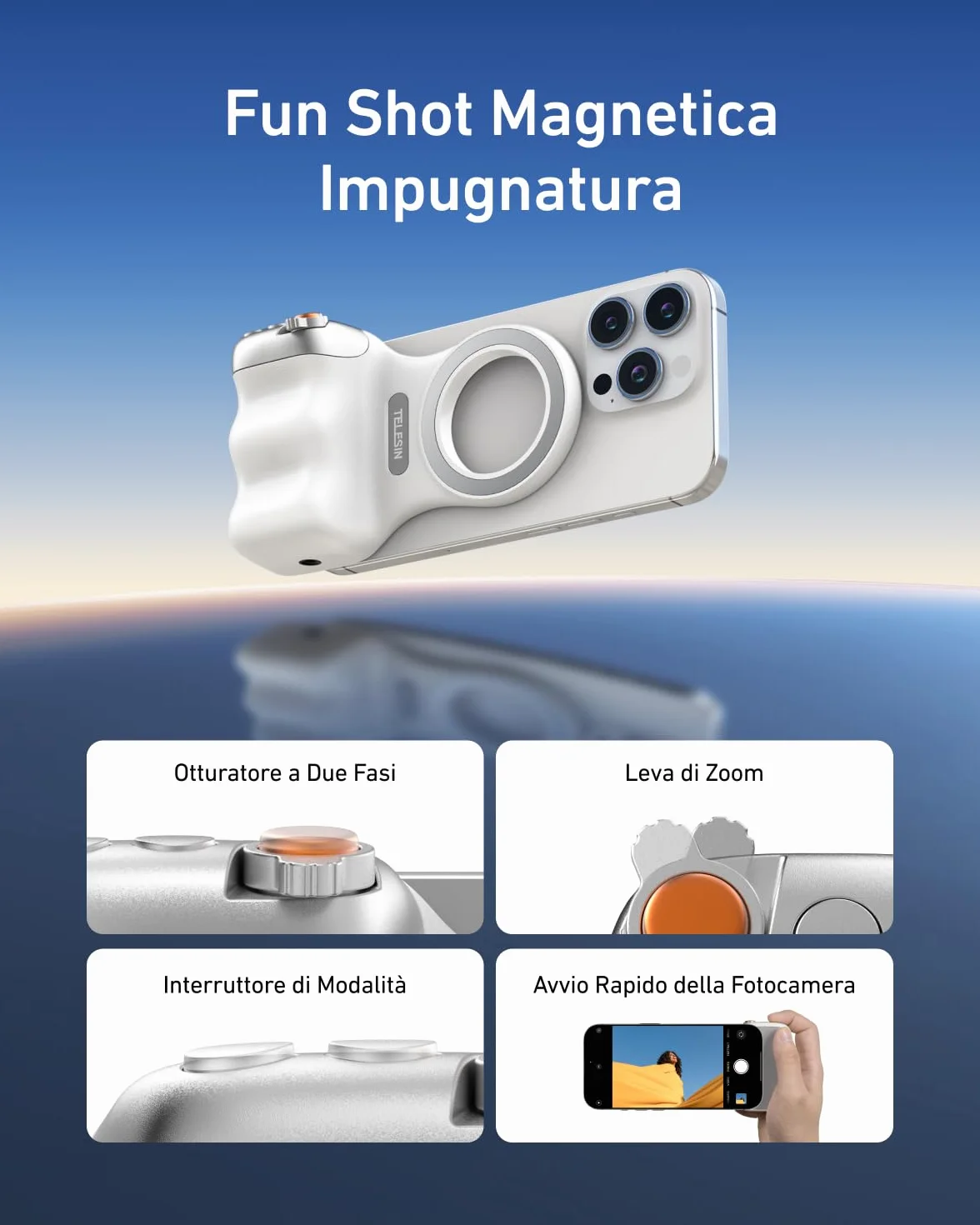 TELESIN Fun Shot Impugnatura Smartphone, Magnetica Impugnatura per Smartphone con Telecomando Bluetooth Staccabile, Filettatura da 1/4, Compatibile con iPhone & Android, Selfie Vlog