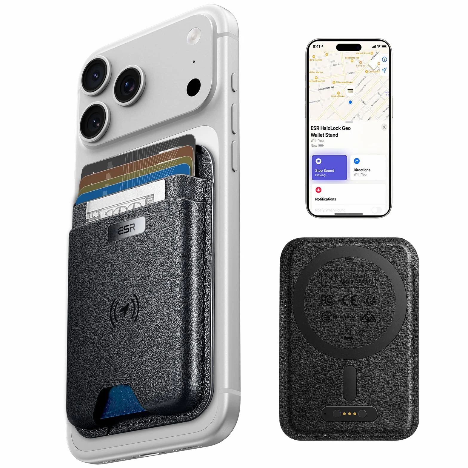 ESR Portafoglio MagSafe con funzionalità Find My, Blocco RFID, Supporto per 5 carte, Magnetico e resistente,Abilitato all'uso dell'app Dov'è,Per iPhone serie 17e/17/16/15/14/13/12, Non per mini, Nero
