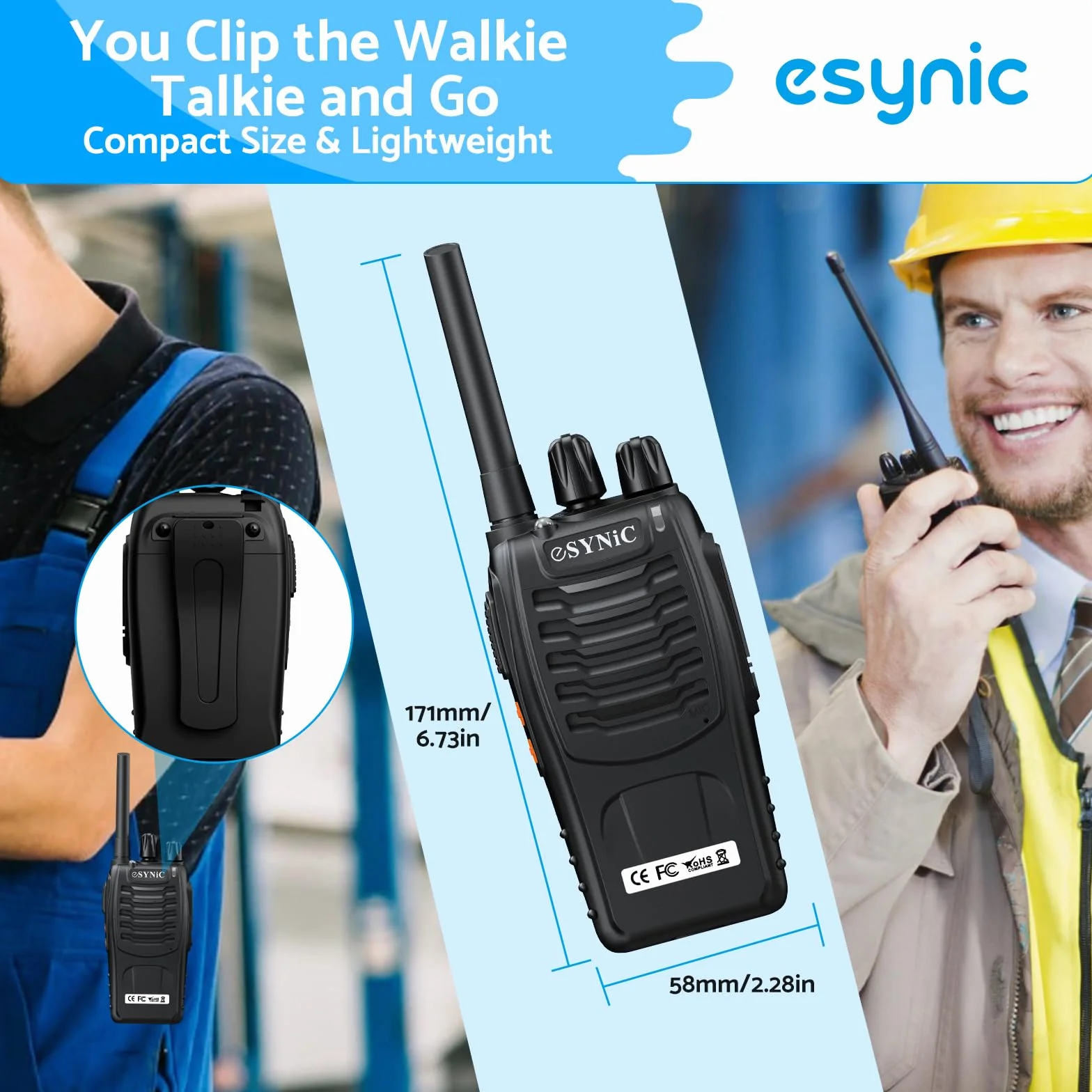 ESYNiC Walkie Talkie PMR 446MHz 0.5W Frequenza Civile Ricetrasmittente Handheld FM 16CH Singola Banda