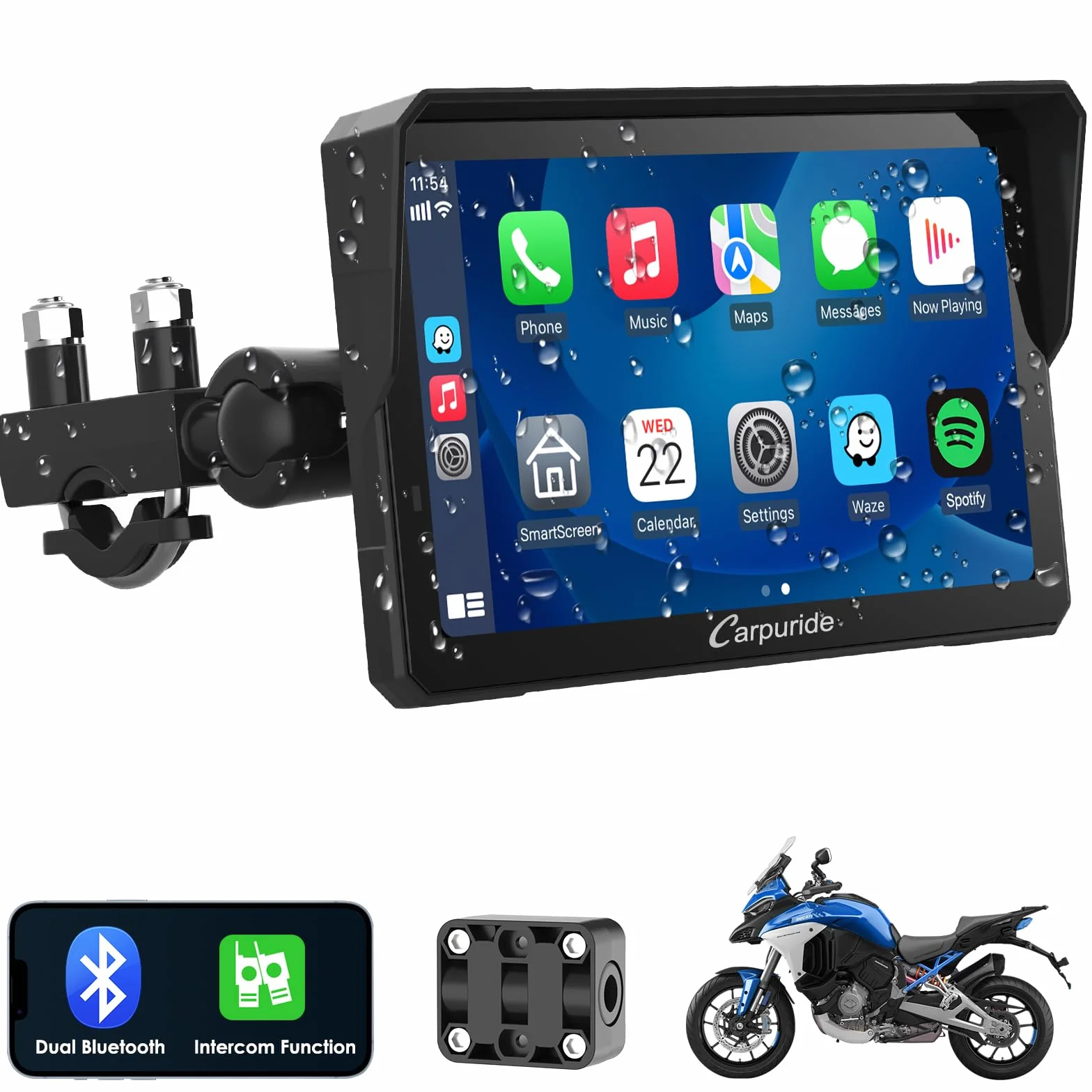 Carpuride W702 Pro Moto Carplay Schermo con Interfono Funzione, Senza Fili CarPlay e Android Auto, Portatile da 7 Pollici Impermeabile Touchscreen, Aggiornato Doppio Bluetooth, Navigazione, Bussola.