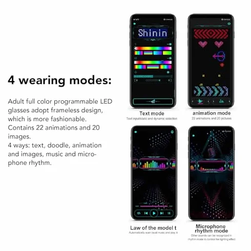 Garsent Occhiali Intelligenti LED Occhiali Luminosi a Colori, Controllo Connesso Tramite App Bluetooth, Fai Te/Testo/Graffiti/Animazione/modalità Ritmo, per Adulti, Concerti,