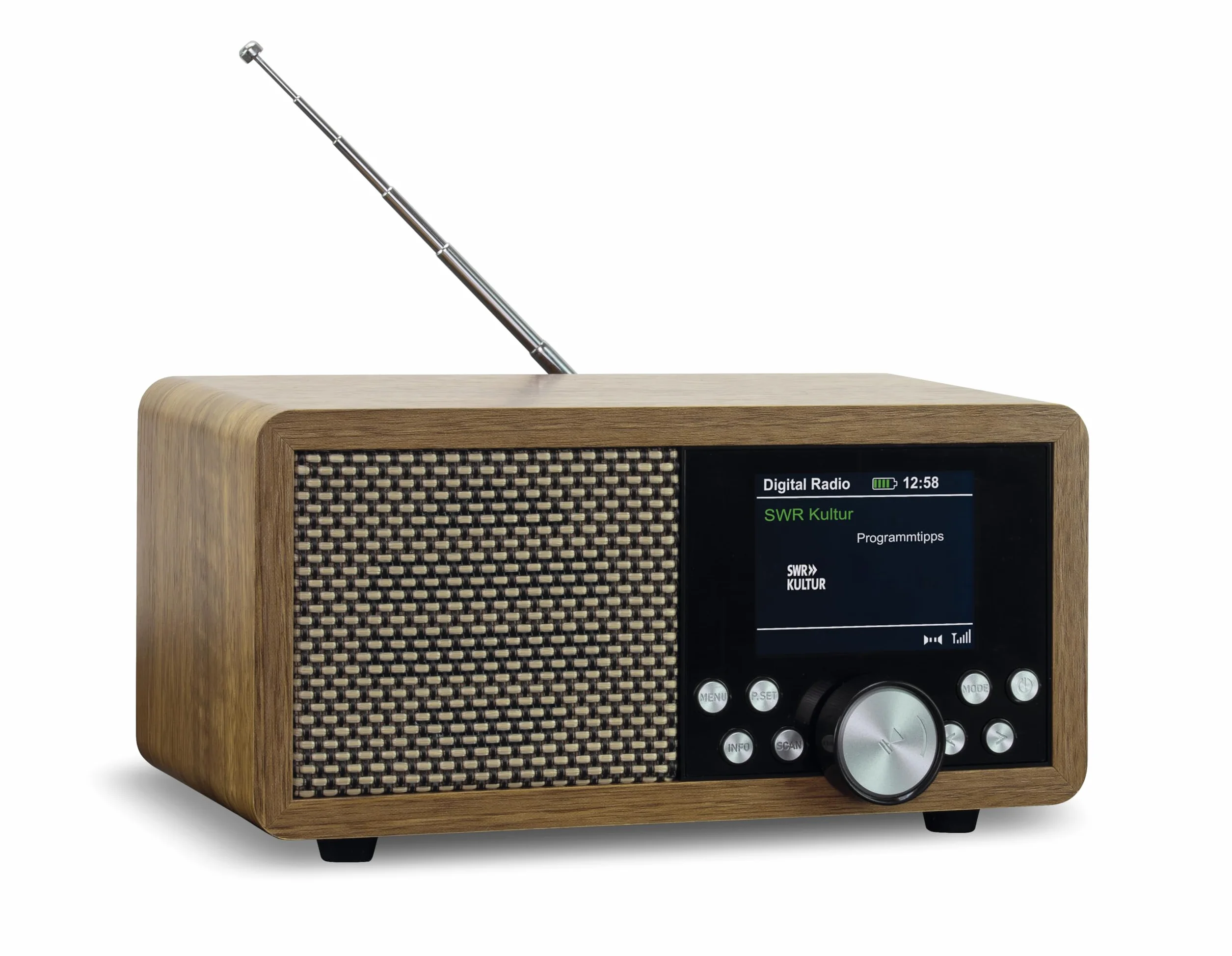 Dynavox DBT600 DAB+ Radio/digitale FM, portatile, ideale come radio da cucina/bagno/ufficio, sveglia, BT, display TFT, funzionamento a rete o batteria, USB/Micro-SD, decorazione in legno marrone
