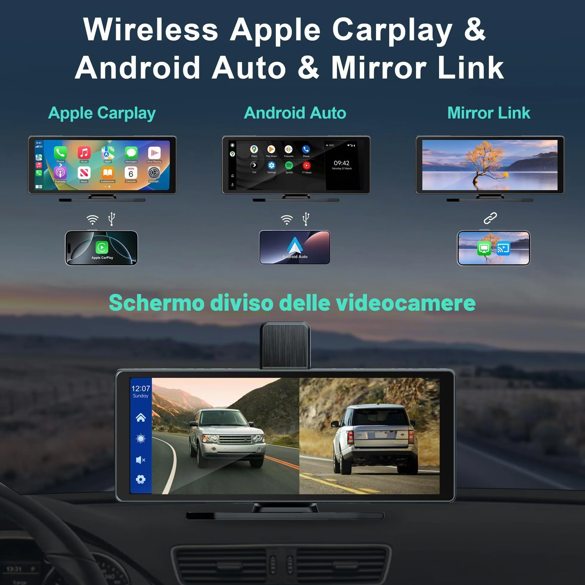 Audio Portatile Per Auto, 10.26" Schermo Carplay,car play per auto android con doppia telecamera anteriore + posteriore 4K 1080P, riproduzione car play wireless con Mirror Link/S-iri/AUX/64G TF