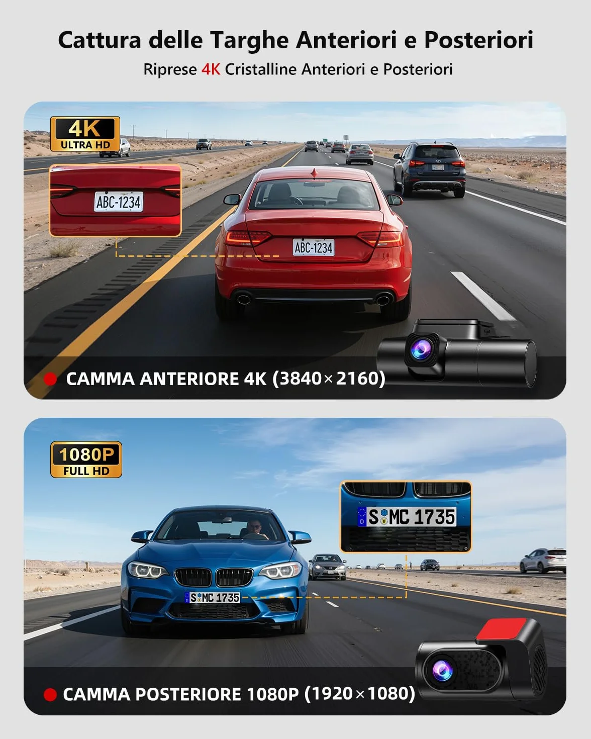 Dashcam Auto 4K 3 Canali, Visione Notturna STARVIS 2, HDR, WiFi 6, GPS, 64GB SD Inclusa