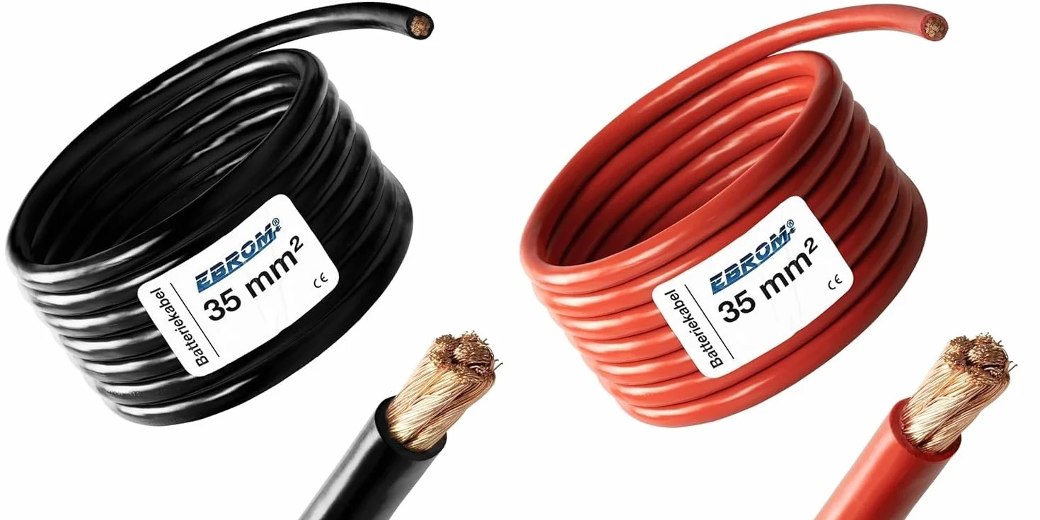 EBROM - Cavo batteria da 3 metri – rosso e nero – cavo positivo e cavo di massa – 35 mm² | 35 mm² | 35 mm2 – rame pieno 99,9% cavo di alimentazione in rame OFC, lunghezza 3 metri ciascuno