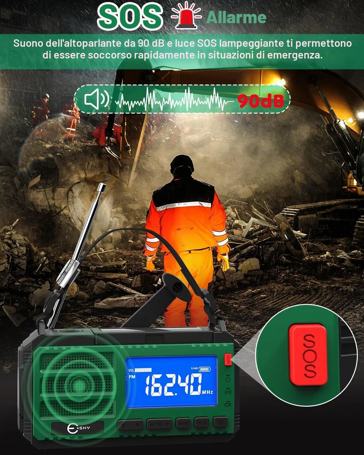 Esky 10000 mAh Radio Manovella AM/FM/NOAA Solare Portatile con Torcia, Bussola, Allarme SOS per Campeggio Emergenza
