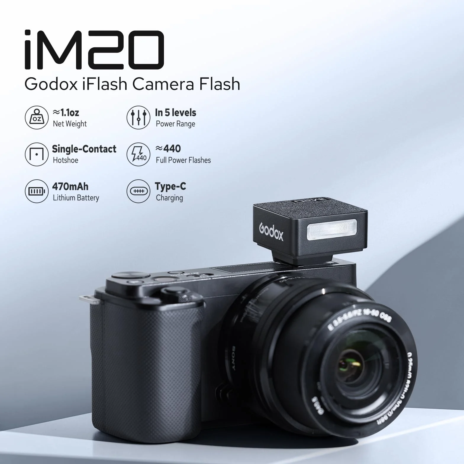 GODOX iM20 Flash fotocamera, 5 livelli potenza, 440 flash piena, batteria litio integrata Canon Fuji Panasonic Olympus Sony
