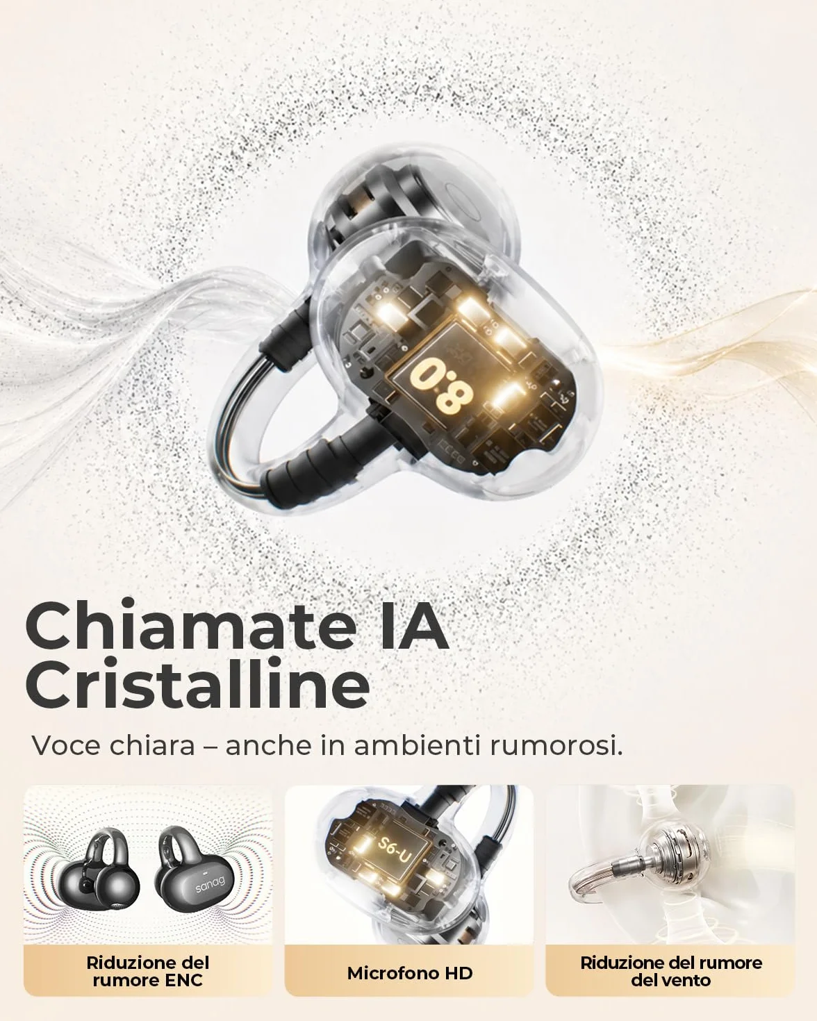 SANAG S6SUltra Auricolari Open Ear, Cuffie Clip on, Comfort e Vestibilità Stabile, Bluetooth 6.0, Bassi Profondi, IP67, 42H di Autonomia, Chiamate AI, App Personalizzata, Ideali per Sport e Lavoro