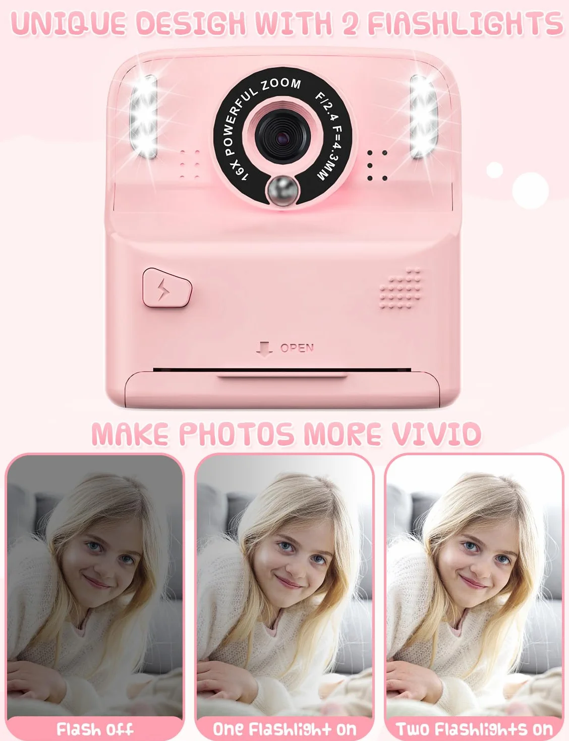 PHNIXGAM Fotocamera istantanea per bambini con 2 flash, fotocamera digitale per bambini 2,4 in HD, regalo per ragazzi e ragazze, tra cui 5 rotoli di carta da stampa e carta da 32 GB (Rosa)