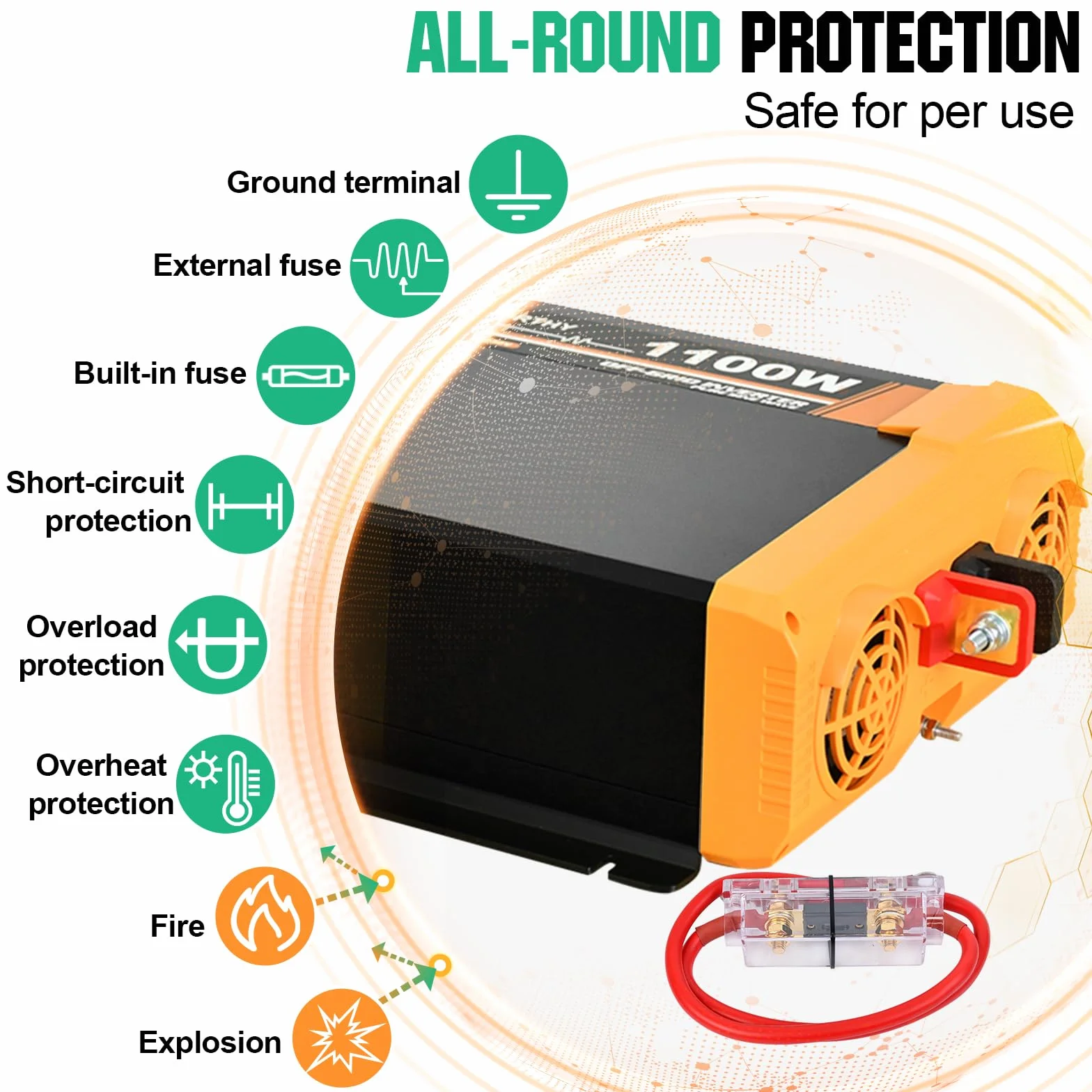 ECO-WORTHY Inverter da 12 V a 230 V sinus puro, convertitore di tensione da 1100 W, connettore USB Dual 18 W, 2 prese AC, 1 morsetti hardwire e 1 fusibile da 100 A, ECO1100W(BB)