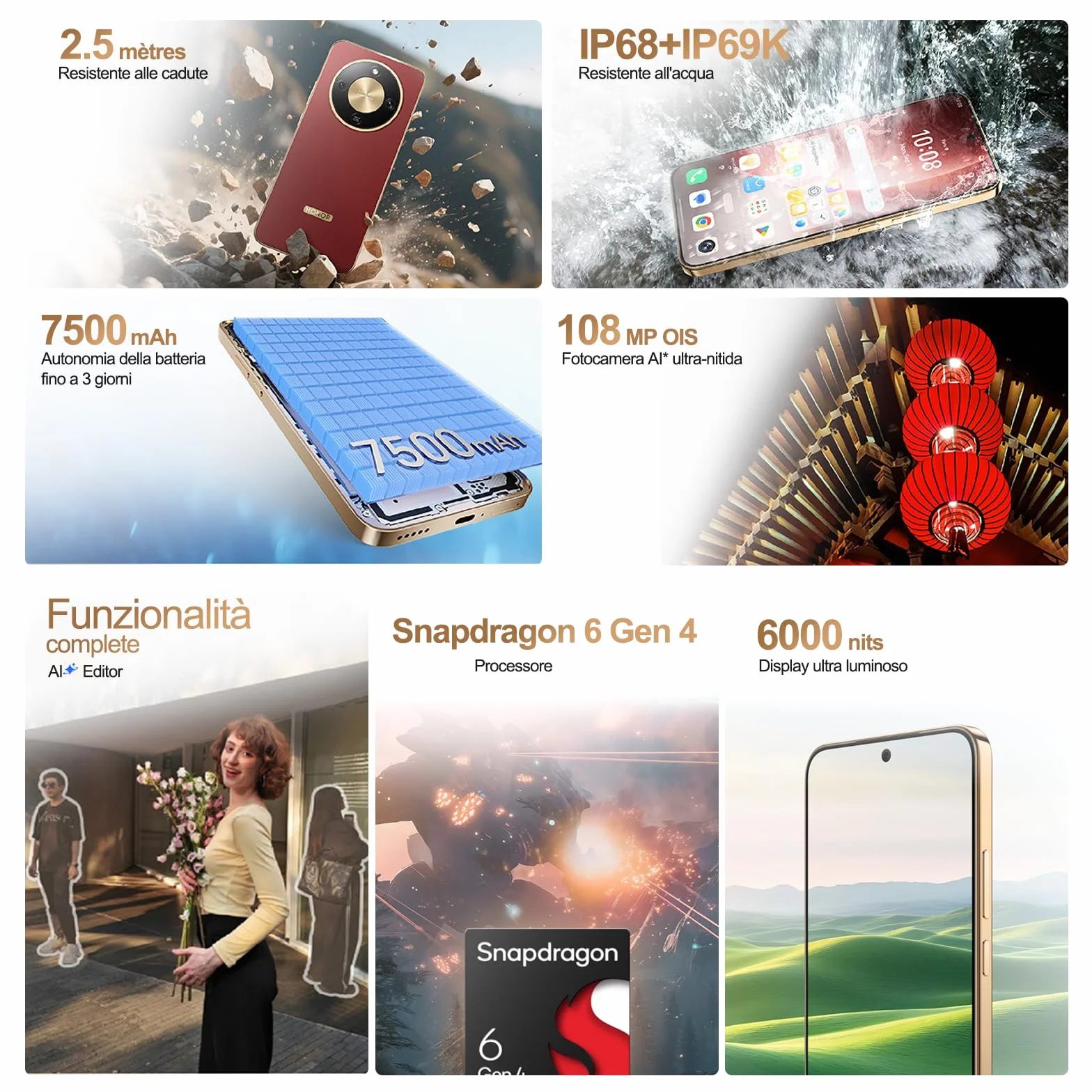 HONOR Magic8 Lite Smartphone 5G, display AMOLED da 6,79 pollici, tripla resistenza IP68/IP69K, batteria da 7500 mAh, fotocamera da 108 MP con OIS, doppia SIM, NFC (Black, 256, GB, GB, 8)