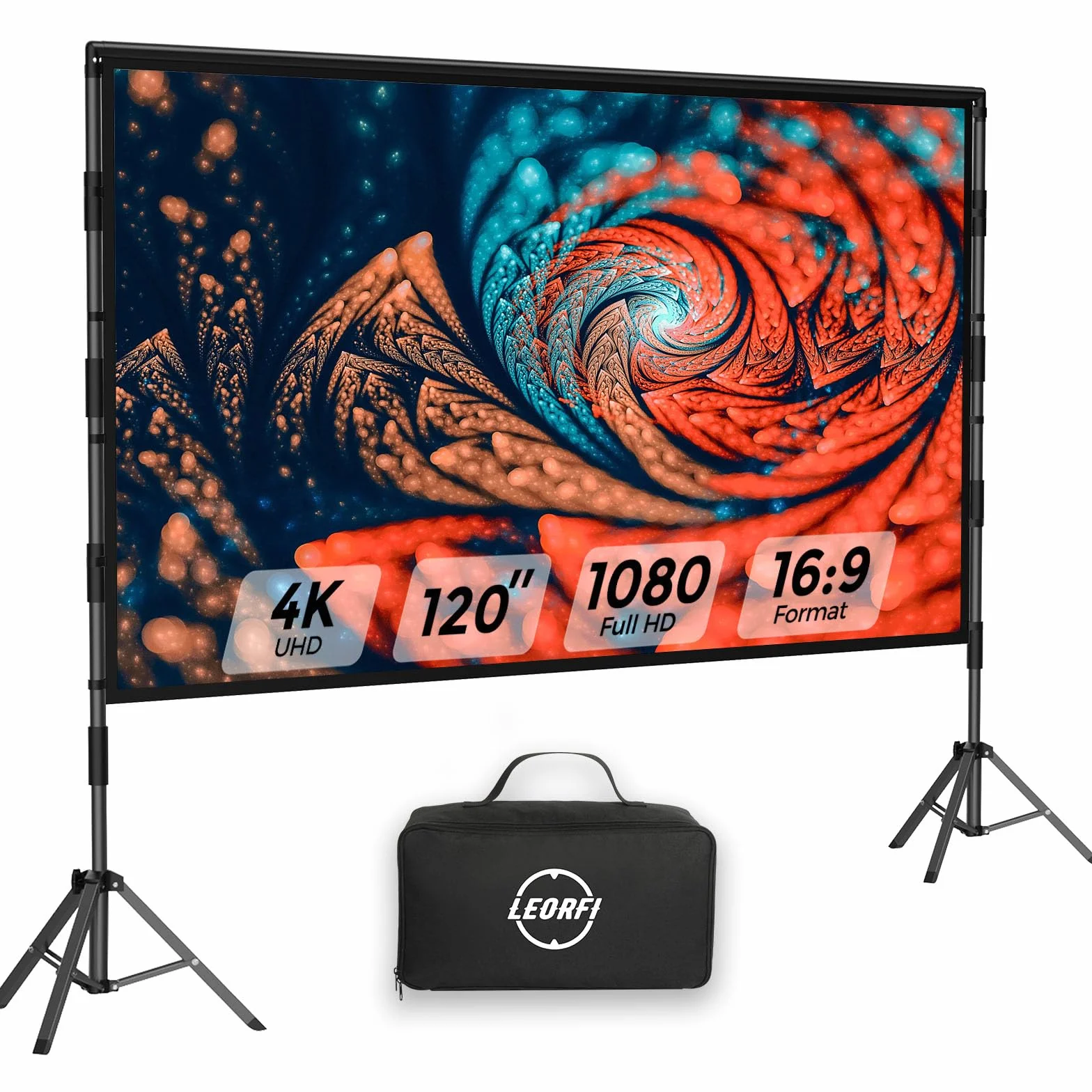 Schermo Proiezione Portatile 120 Pollici con Treppiede – LEORFI per Interno ed Esterno, Telo Proiezione 4K HD 16:9 Frontale/Retroproiezione, Leggero con Borsa Trasporto e Accessori di Fissaggio