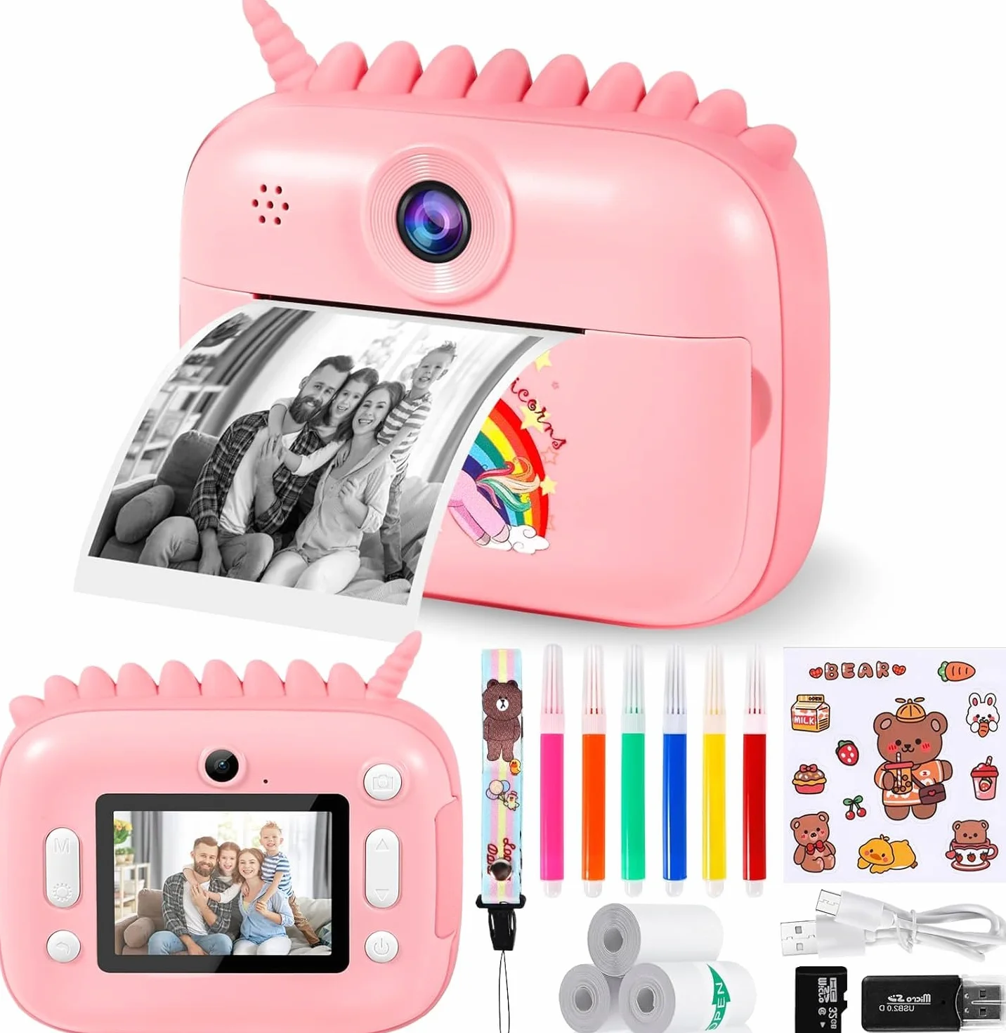 Fotocamera per bambini, 48 MP, schermo da 2,4 pollici, fotocamera istantanea con scheda 32 G, carta da stampa e penne colorate, video HD 1080P, regalo per bambini 3-12 anni