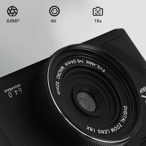 Fotocamera Digitale, Fotocamere 4K per Fotografia, Videocamera retrò da 64MP UHD 4K Zoom 18X Autofocus con Bilanciamento del Bianco, Scatto Continuo, Stabilizzazione e (BLACK)