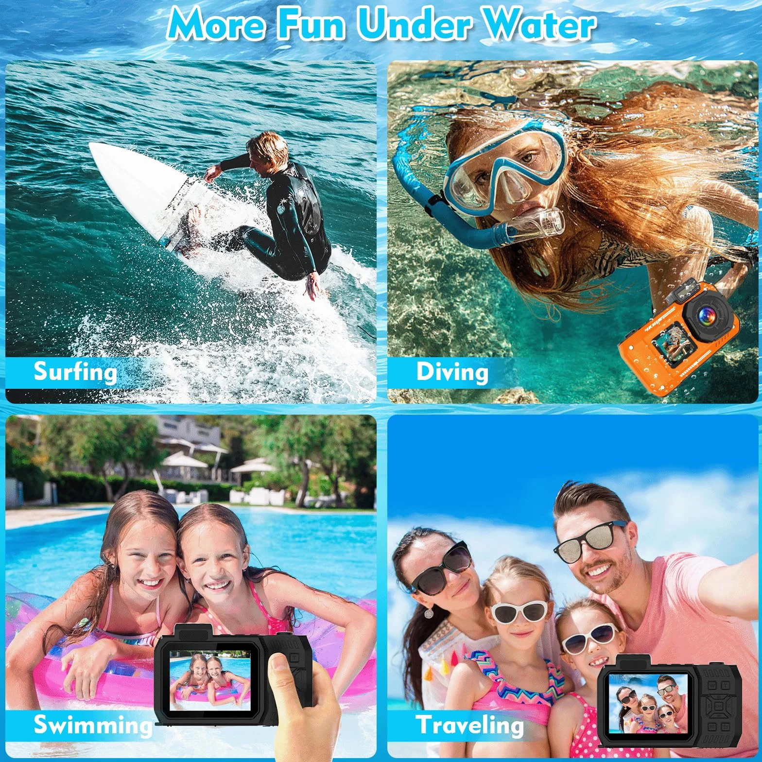 Fotocamera subacquea 4K 48MP impermeabile 32GB doppio schermo robusta antipolvere antiurto autofocus per selfie snorkeling immersioni sport viaggi (arancione)
