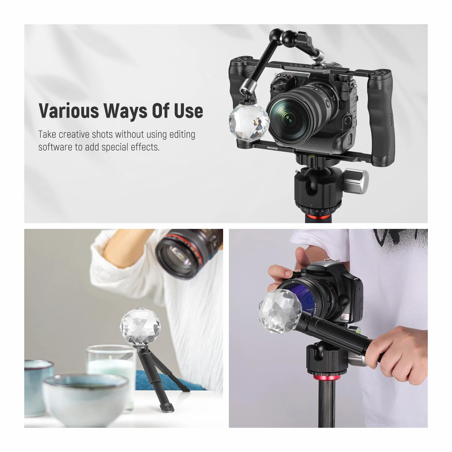 NEEWER 60mm Sfera Fotografica di Prisma Cristallo con Filettatura 1/4", Stand da Tavolo e Panno per Pulizia, Filtro Sferico di Effetto Prisma Arcobaleno in Vetro Ottico K9 per Fotografia, Fisica,CY001