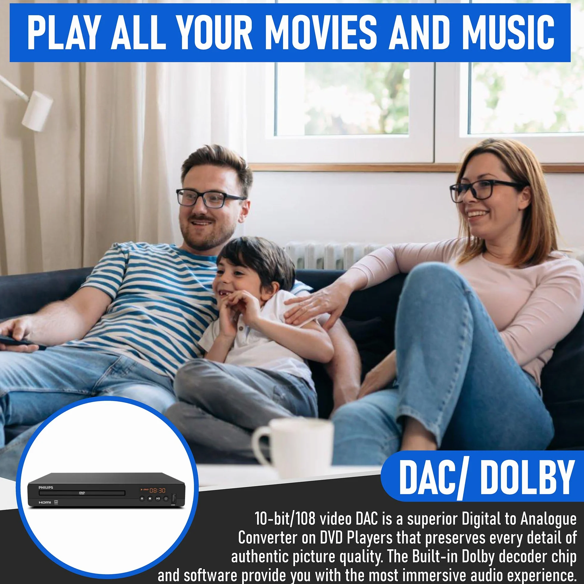 Philips Lettori DVD per TV con porta HDMI 1080P All Region HD lettore DVD per Smart TV USB Ingresso dispositivo telecomando, Mini DVD CD Player per sistema stereo domestico, cavo HDMI e RCA incluso