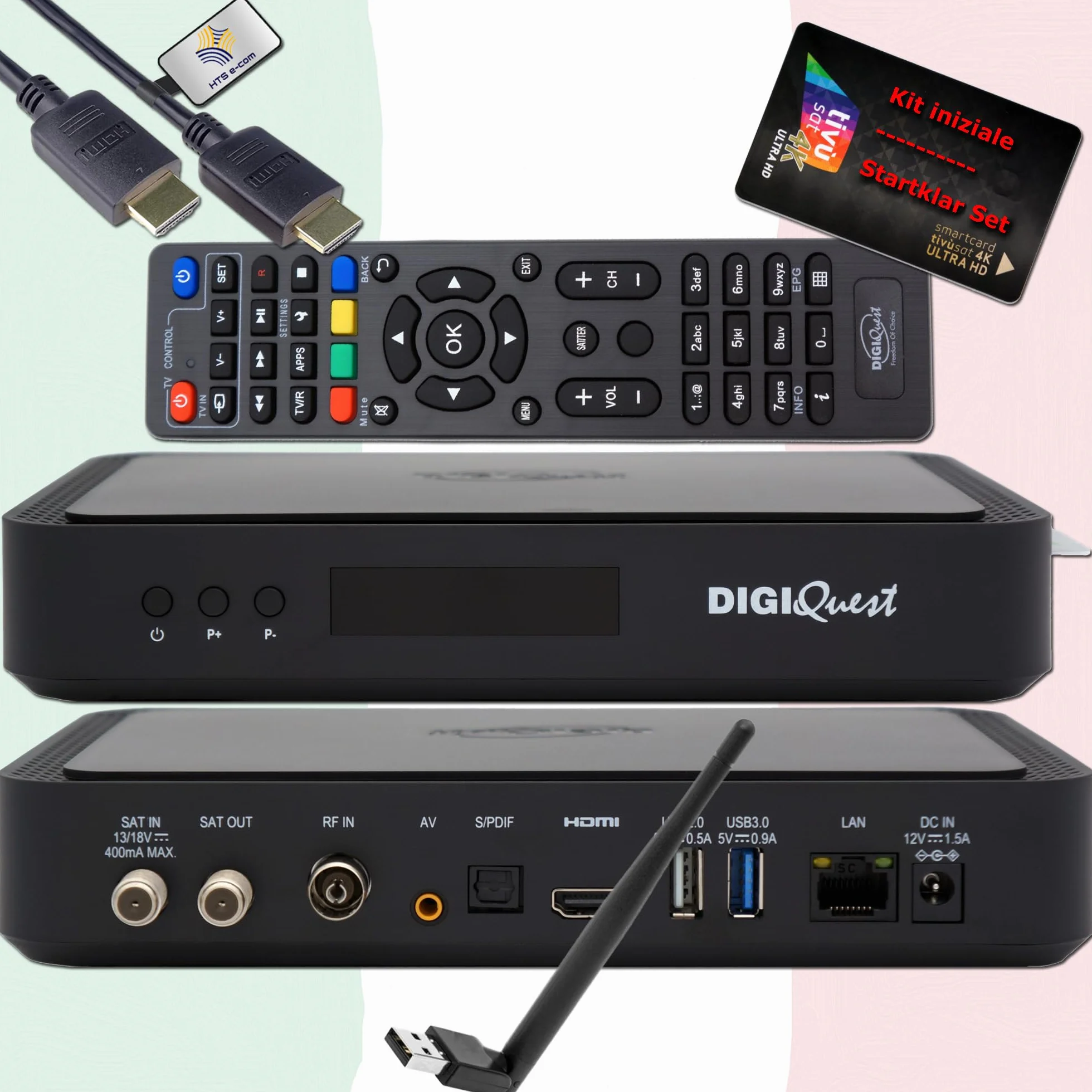 DigiQuest Q99 - Ricevitore satellitare 4K con scheda TiVuSat attivata Nero + WiFi Stick - Italia TV Rai Mediaset LA7, HEVC HDR, PVR Ready, LAN, USB, ricevitore certificato + cavo HDMI HTS e-com