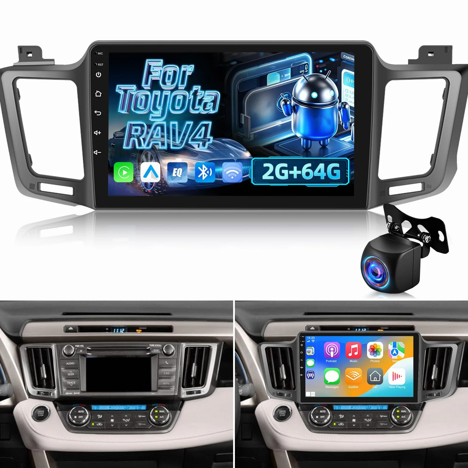 2G+64G Android Autoradio per Toyota RAV4 2013-2019 - Senza fili Carplay e Android Auto - 10.1 pollici Android Stereo con WiFi EQ GPS Mirror Link FM RDS + Telecamera posteriore