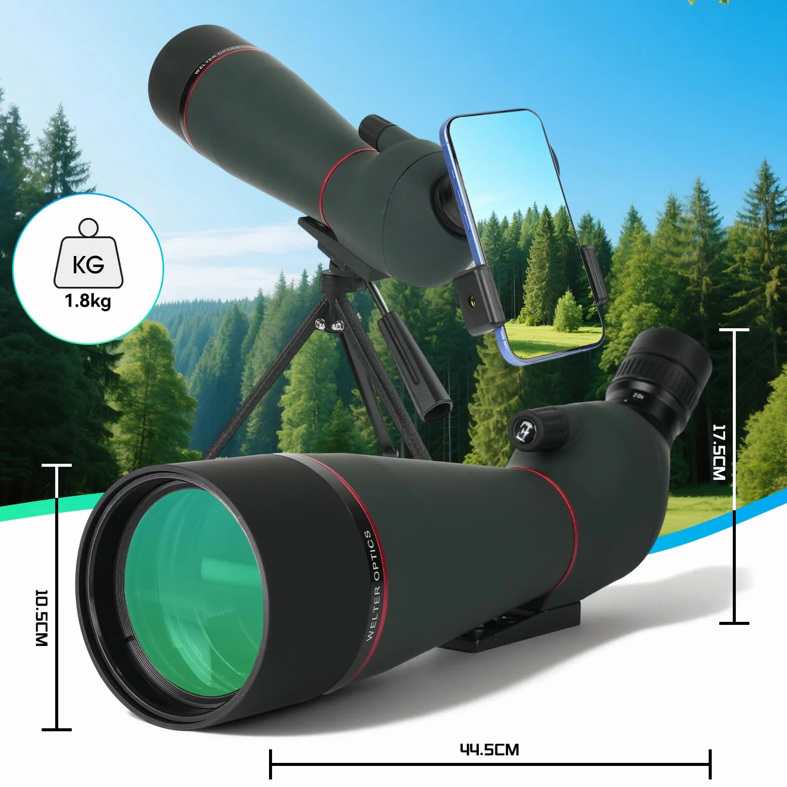 Cannocchiale con Treppiede, 20-60x80 Telescopio Spotting Scope - FMC Cannocchiale Professionale con Treppiedi con Smartphone Adapter per Caccia, Tiro a Segno, Birdwatching