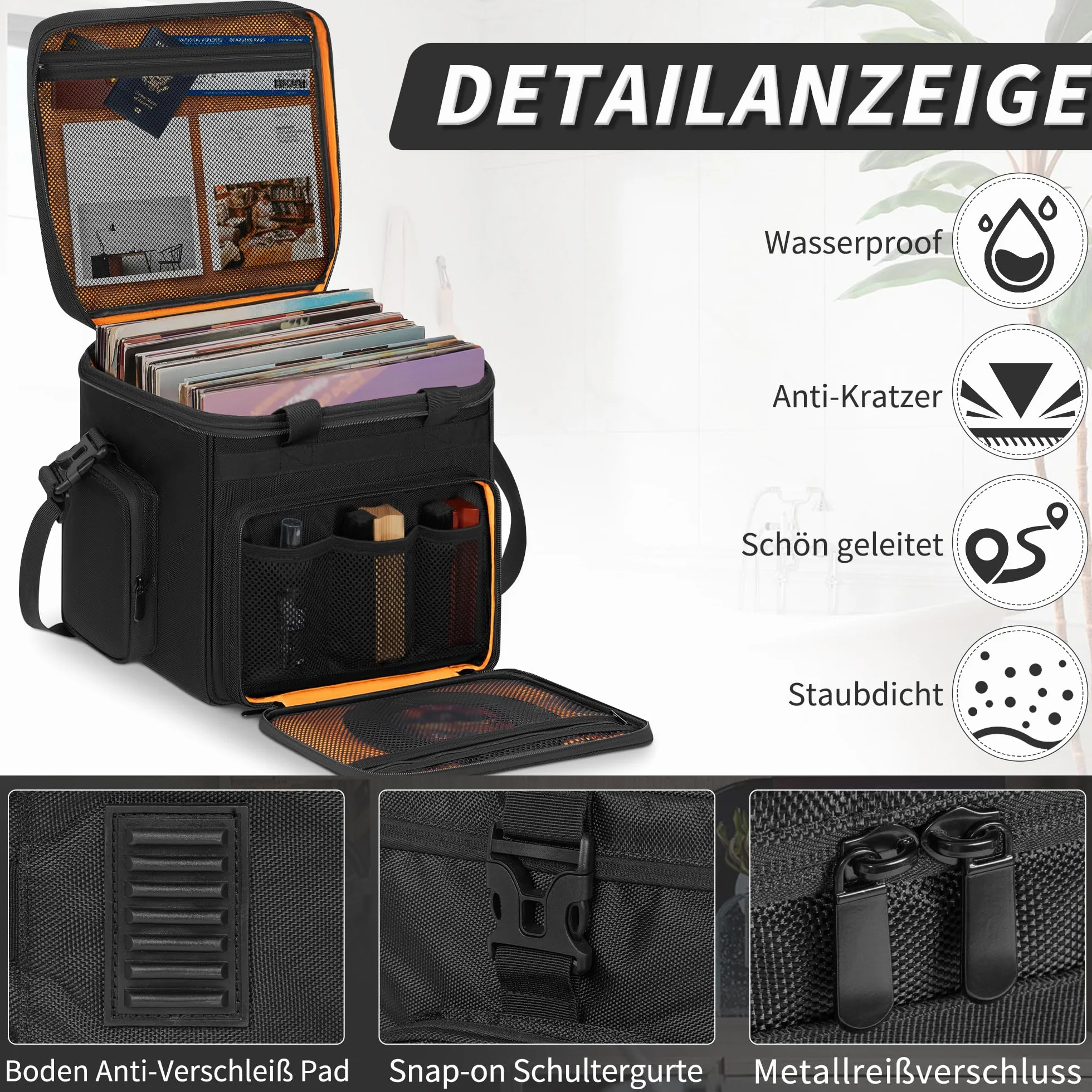 OUUTMEE Borsa per dischi in vinile - Custodia per dischi in vinile resistente all'acqua per album LP da 7/10/12 pollici, con capacità di 90-110 LP - Custodia LP con divisori rimovibili per